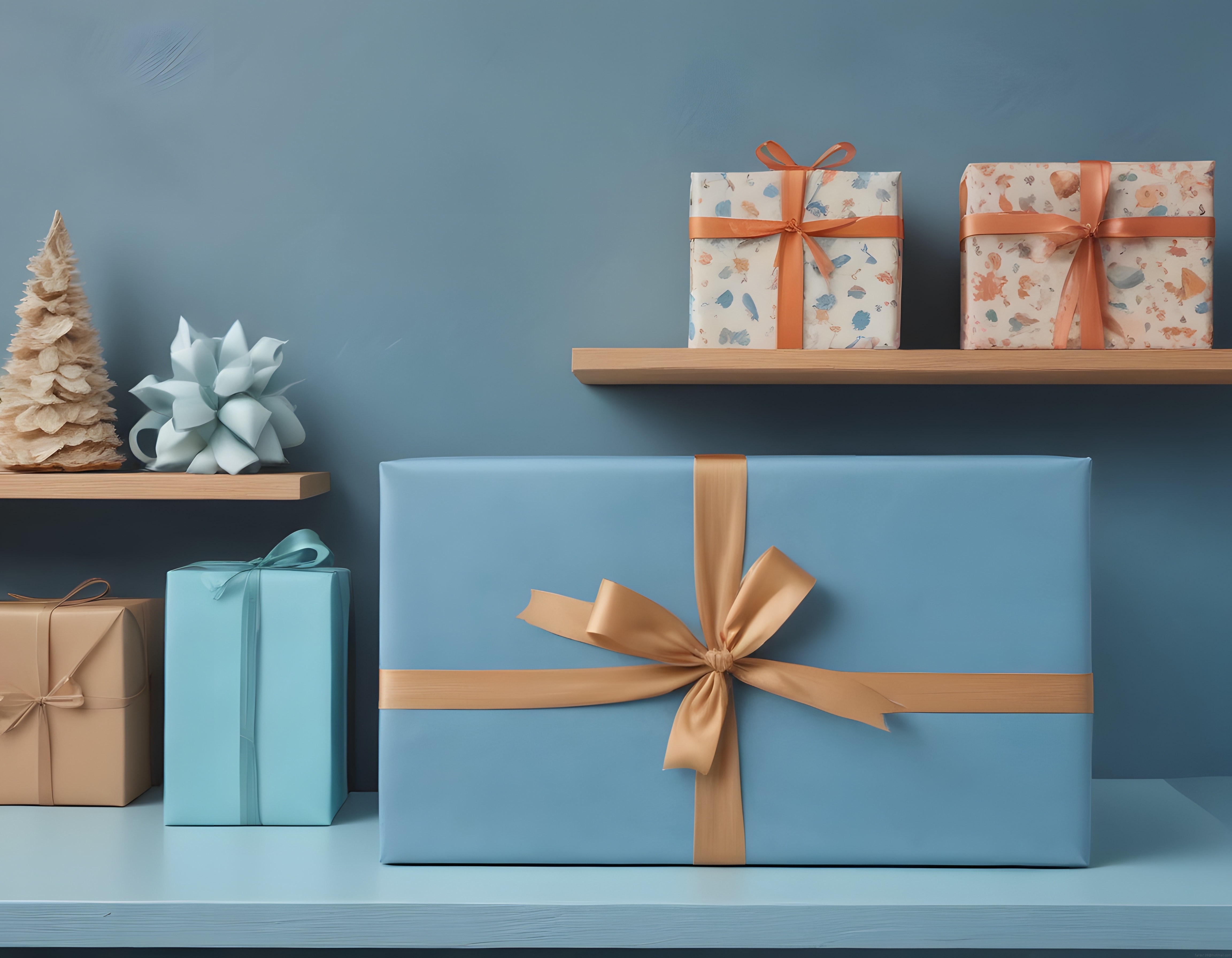 Pastel mavi odada şık hediye kutuları ve minimalist dekorasyon detayları