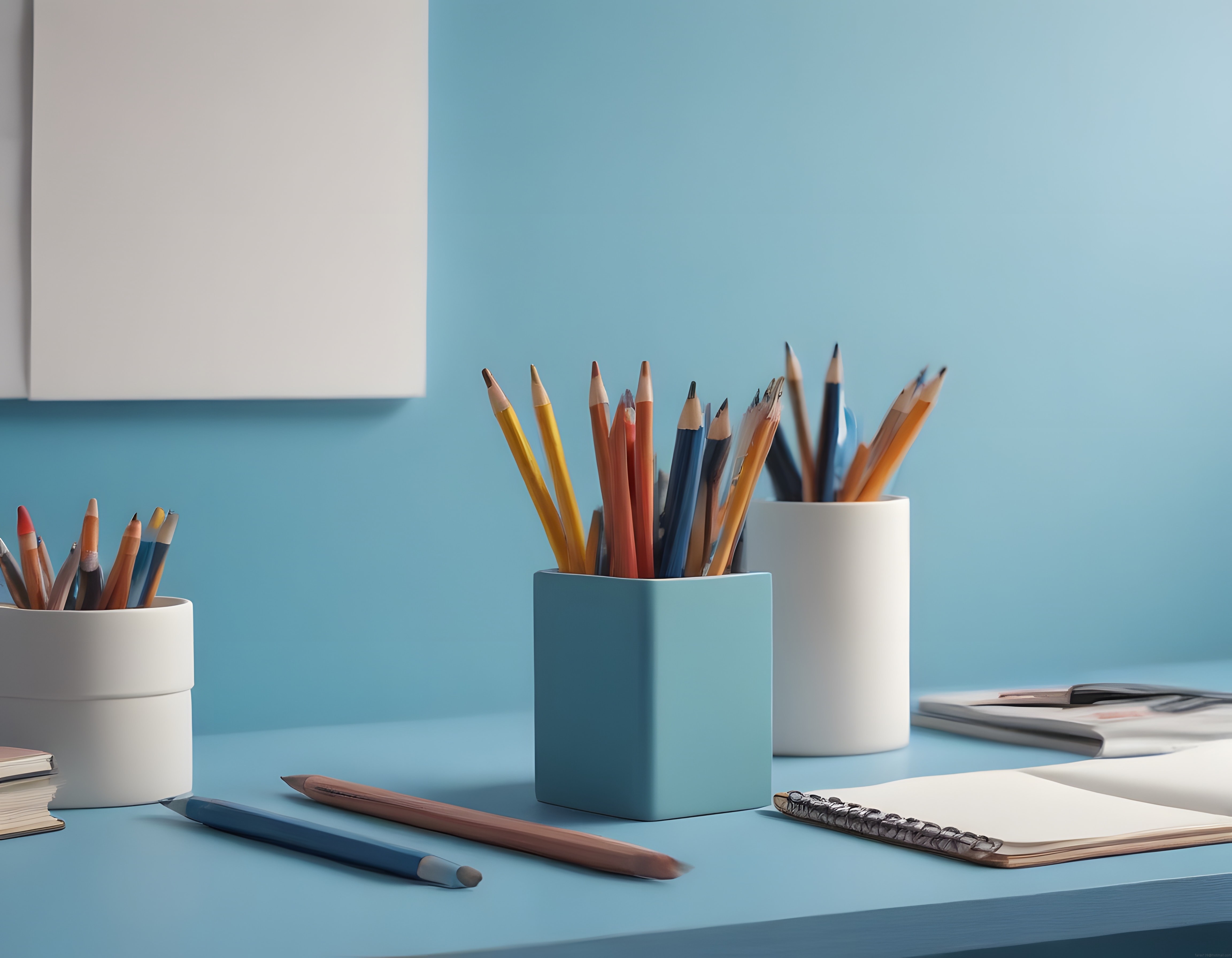 Pastel Mavi Ofis Köşesi: Düzenli Sanat Masası ve Renkli Boya Kalemleri