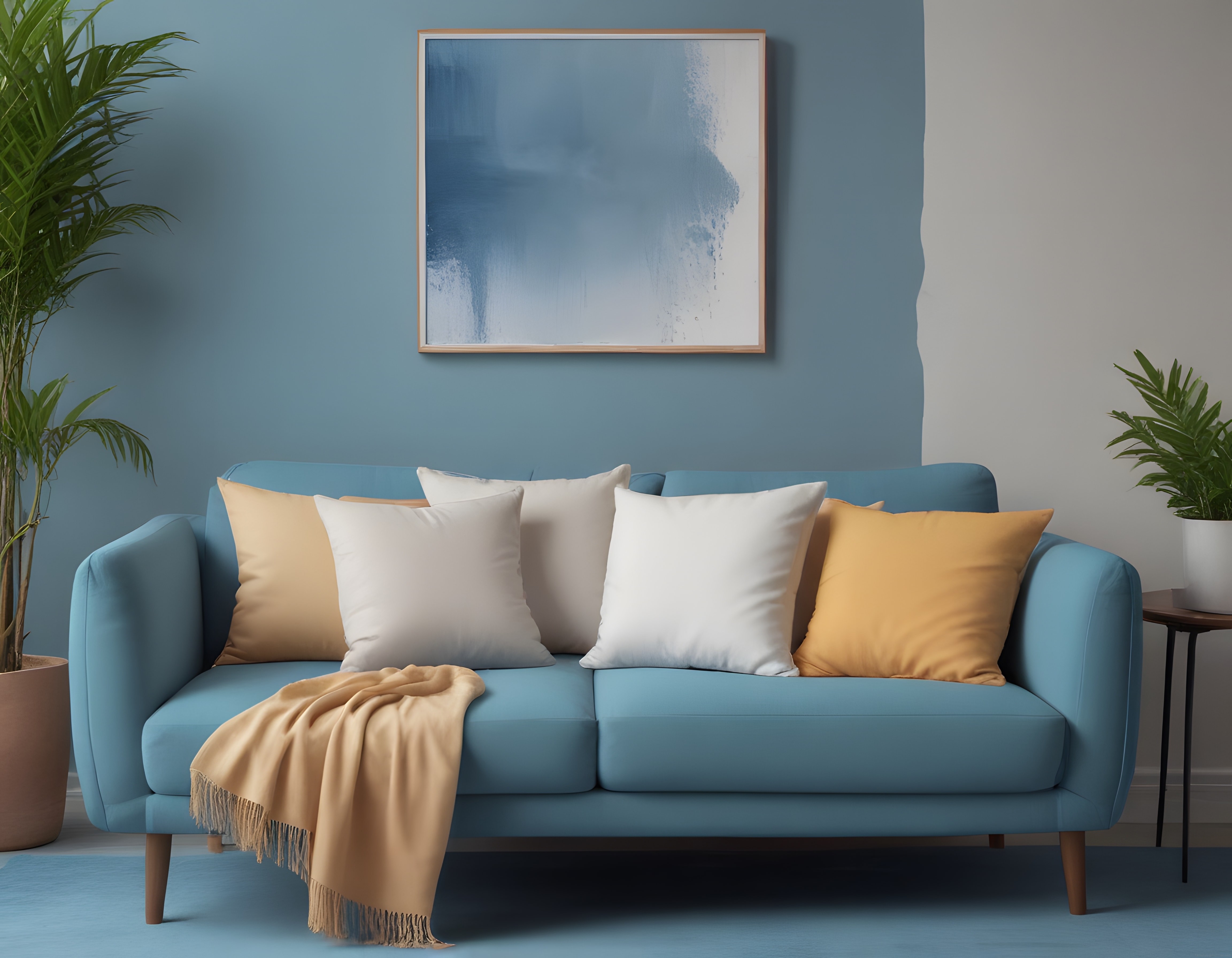 Pastel Mavi Oturma Odası: Modern Koltuk, Sarı Aksesuar ve Minimal Tablo