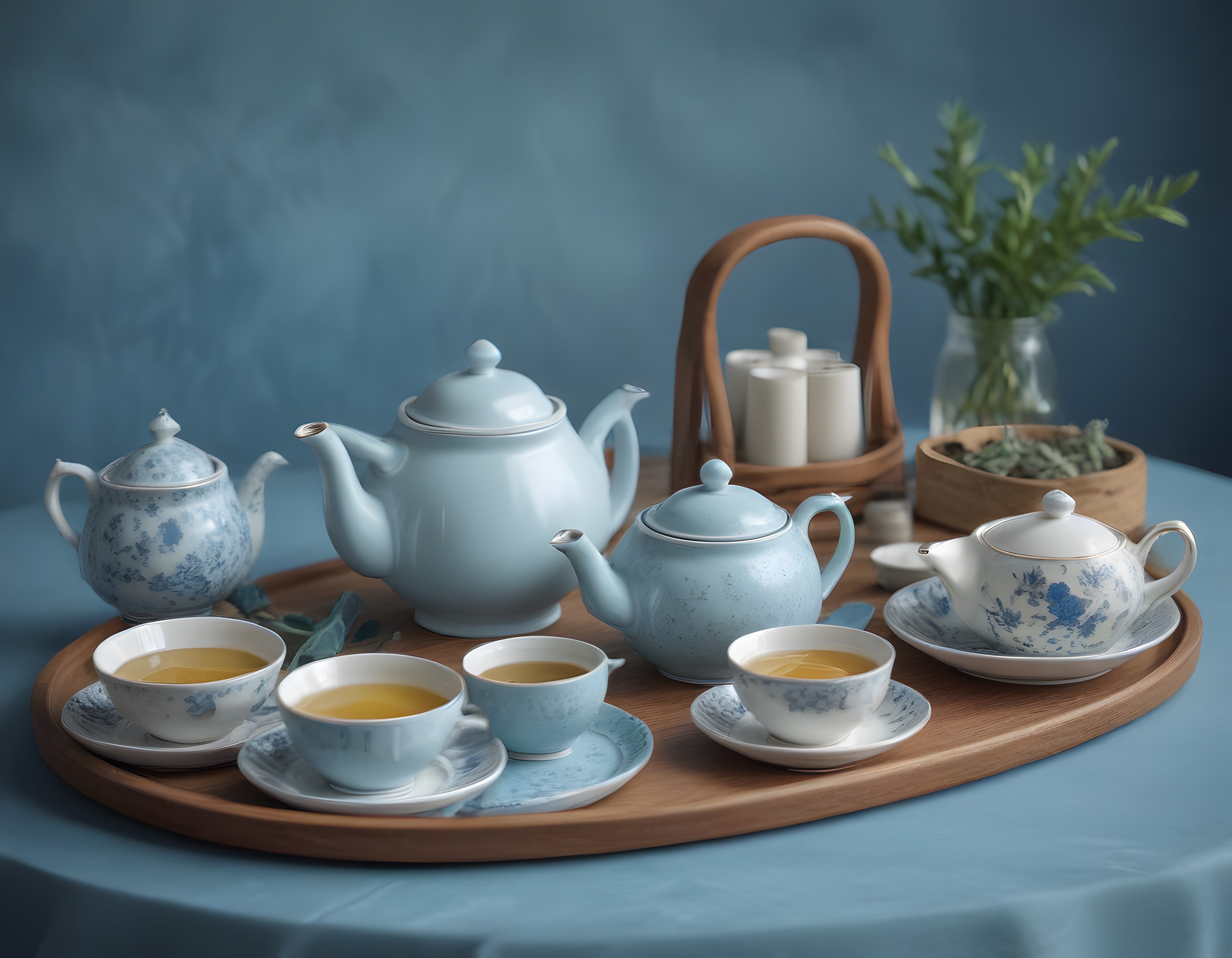 Pastel mavi porselen çay seti ve ahşap tepsi ile huzurlu sunum