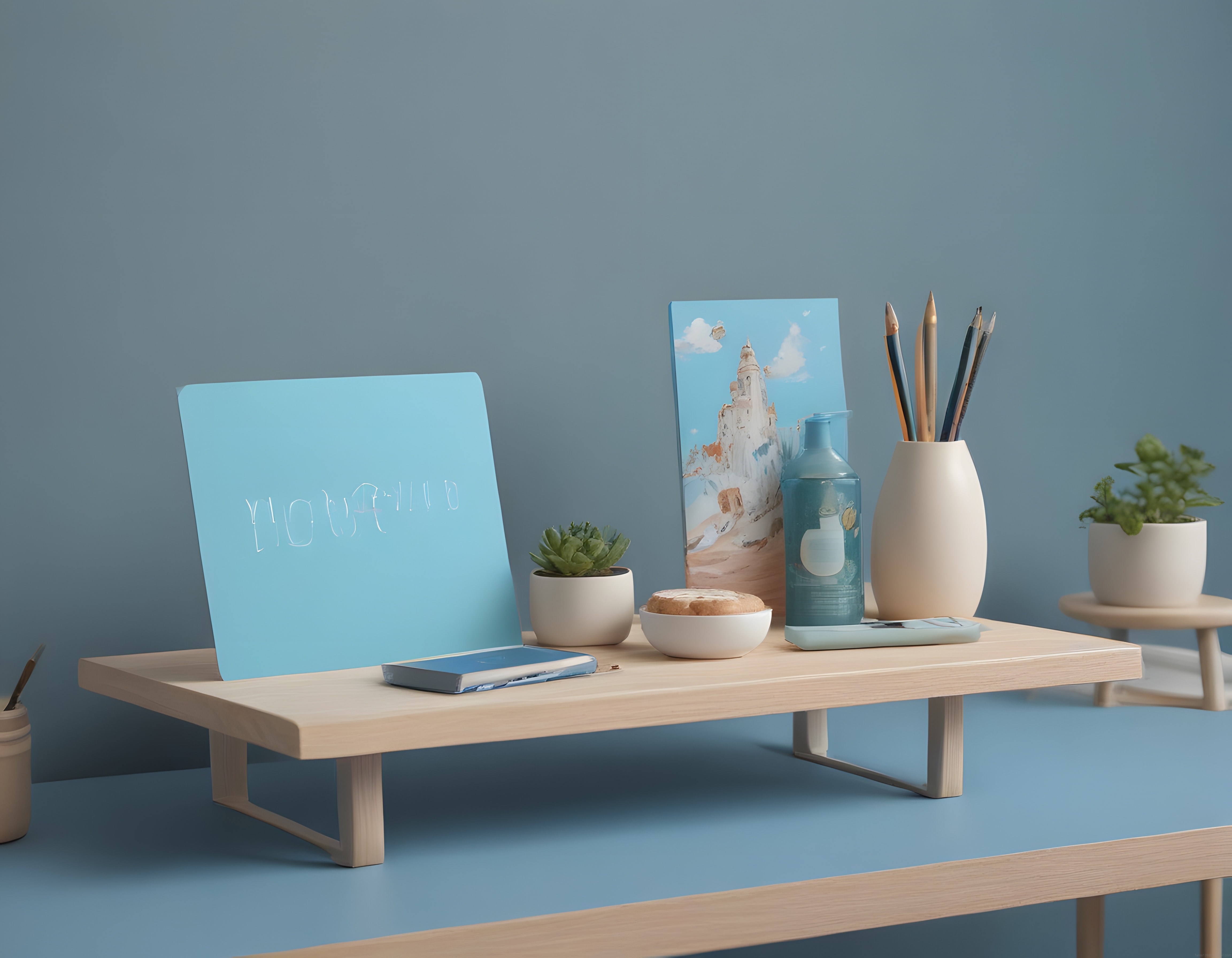 Pastel mavi tonlarında minimalist sanatçı çalışma köşesi ve oda dekorasyonu