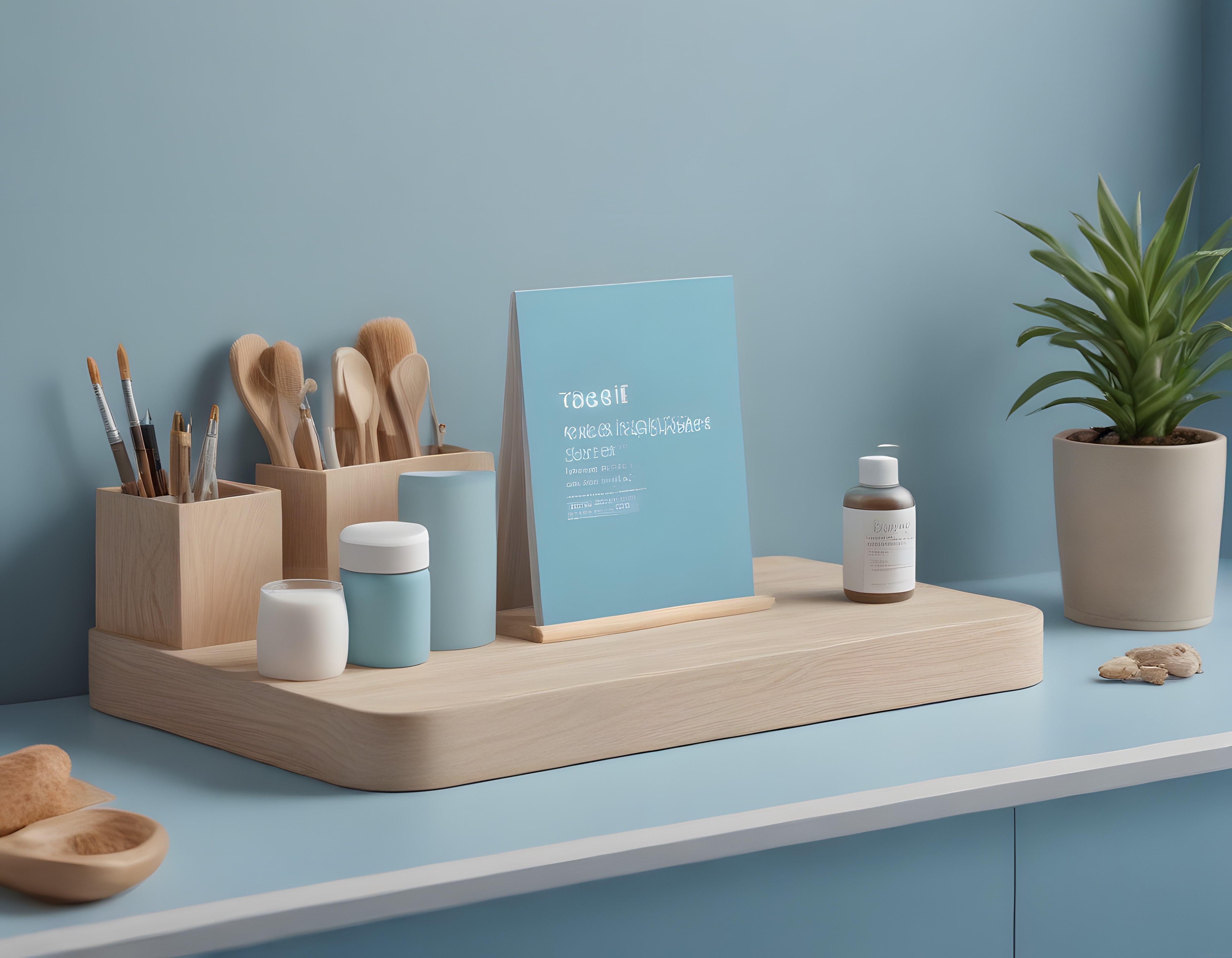 Pastel Mavi ve Ahşap Tonlarıyla Minimalist Masa Düzeni Dekorasyonu
