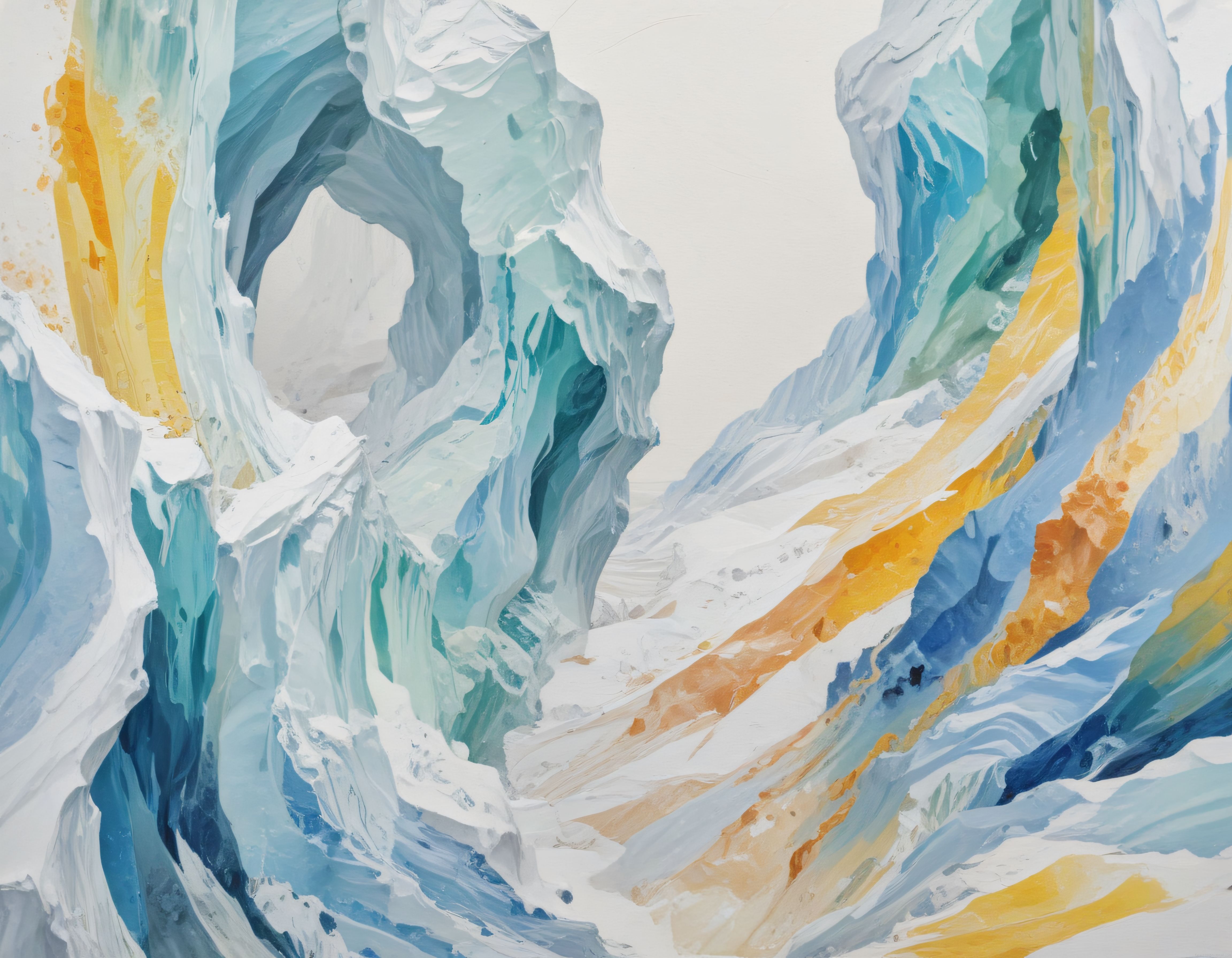Pastel Mavi ve Altın Tonlarında Soyut Buzul Formasyonları Dijital Sanat