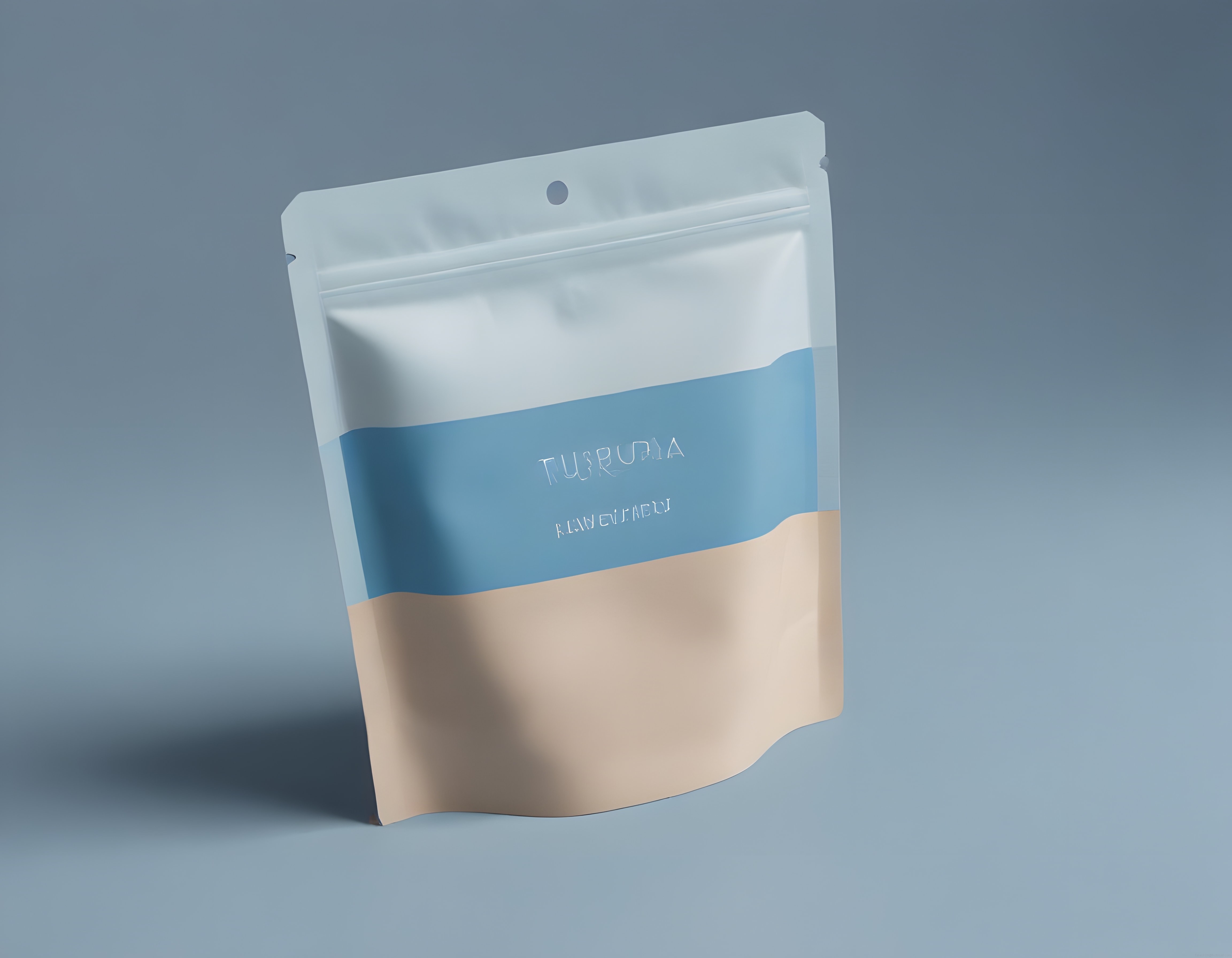 Pastel mavi ve bej tonlarında modern fermuarlı doypack ambalaj mockup tasarımı