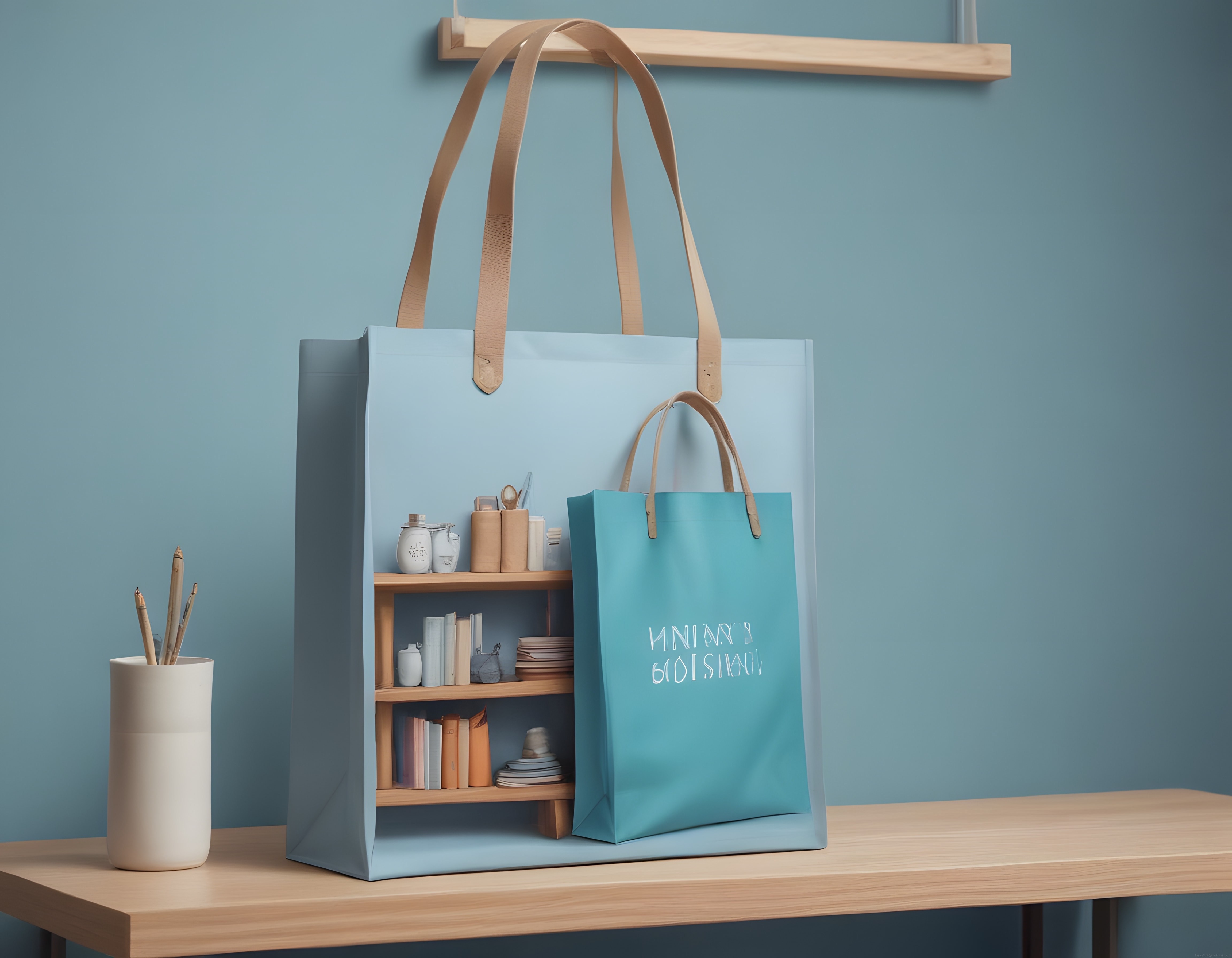 Pastel Mavi ve Turkuaz Alışveriş Çantalarıyla Minimalist Ofis Masası Dekoru