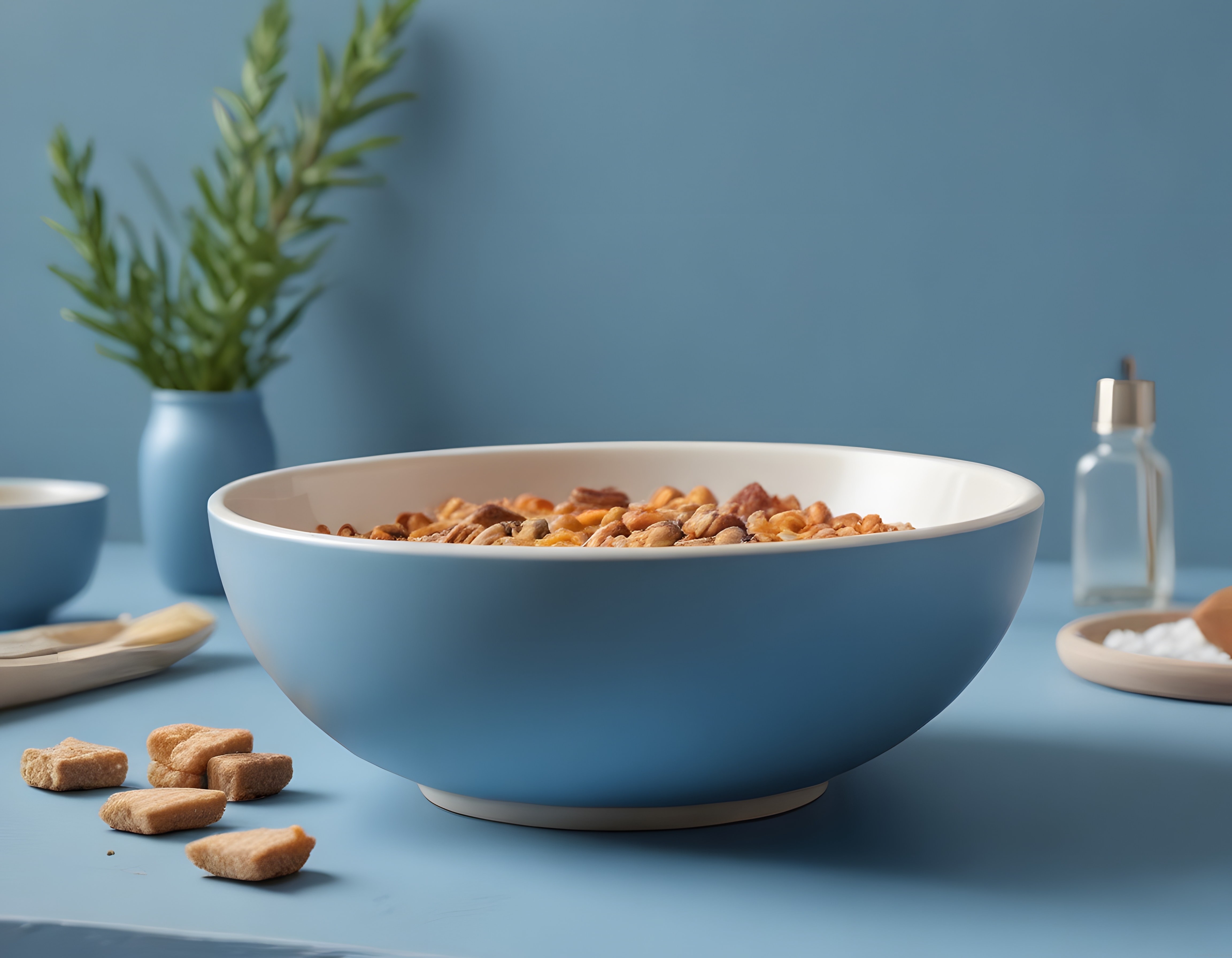 Pastel Mavi Zemin Üzerinde Seramik Kasede Yulaflı Müsli ve Kahvaltı Sunumu