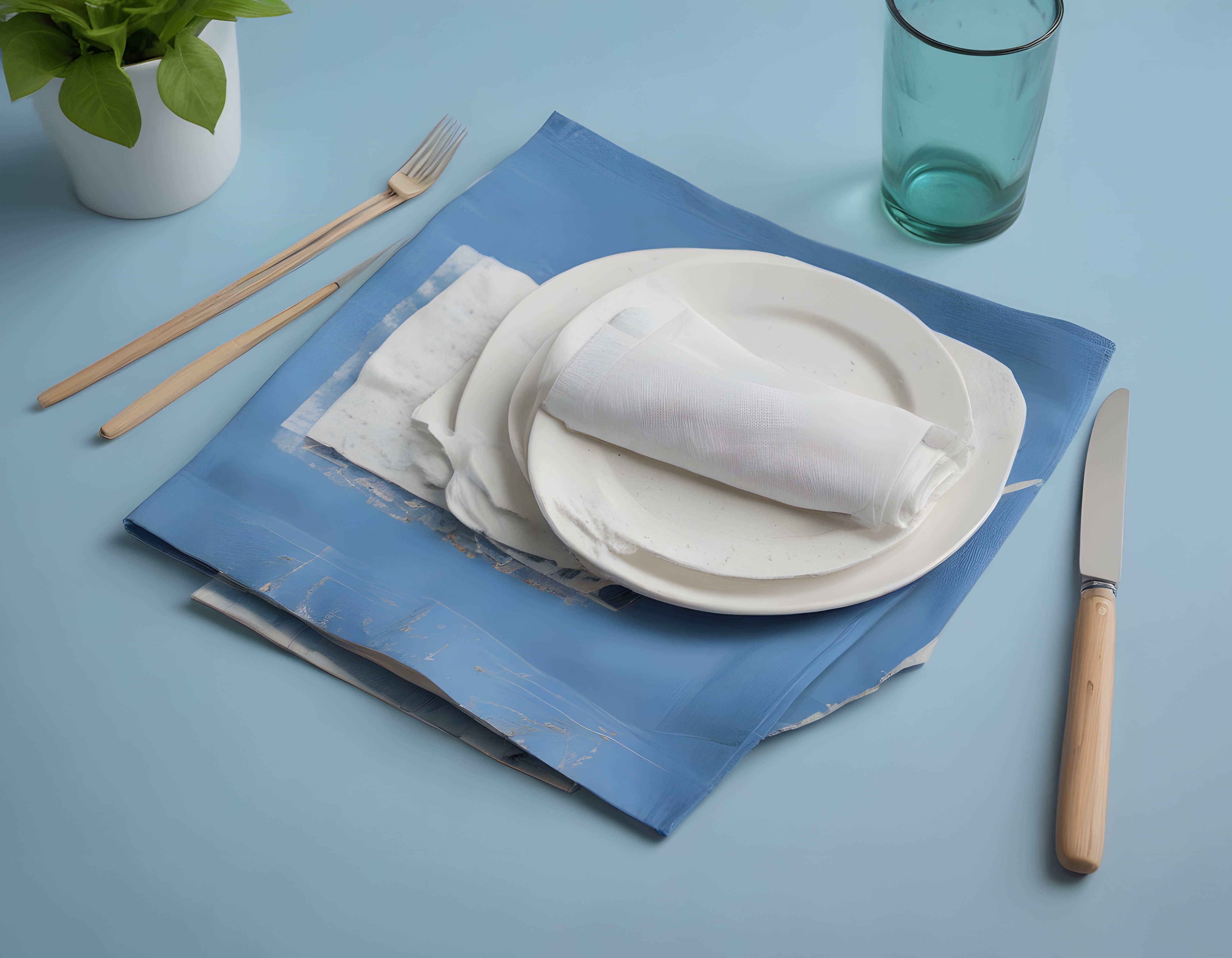 Pastel Mavi Zeminde Beyaz Tabaklar ve Ahşap Detaylarla Sofra Düzeni