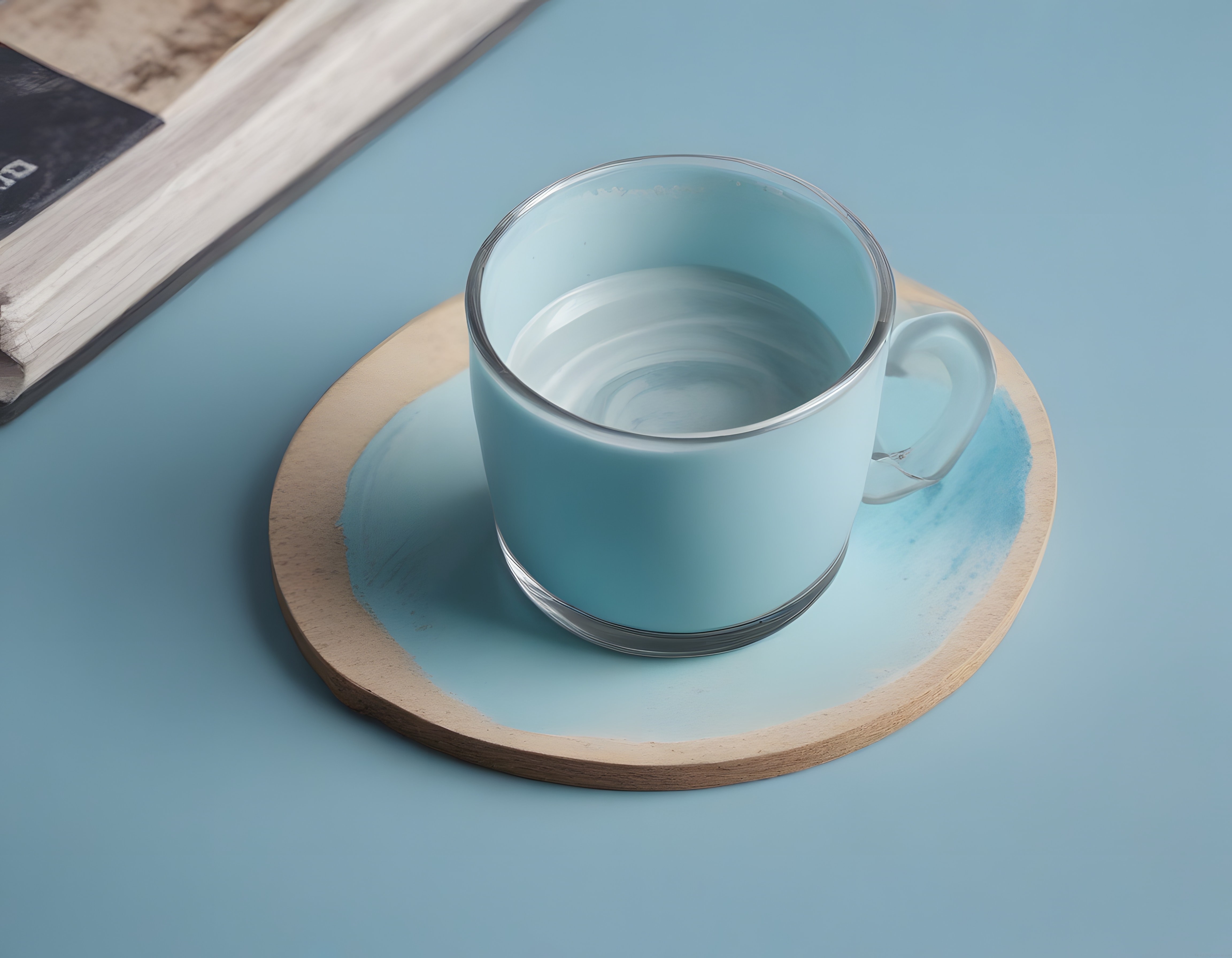 Pastel mavi zeminde cam kupa içeceği ve ahşap sunum tahtası ile sade masa düzeni