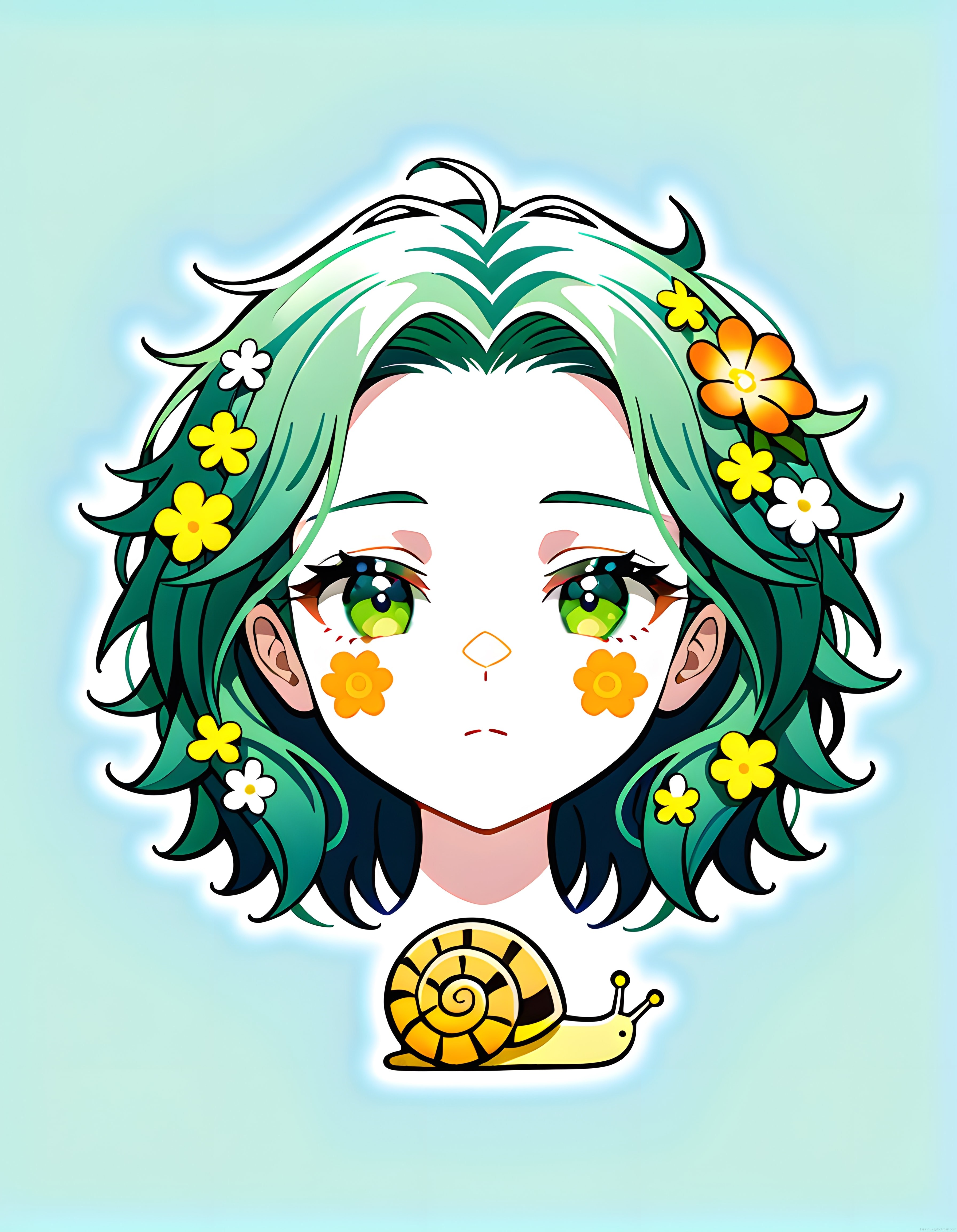 Pastel Mavi Zeminde Çiçekli Yeşil Saçlı Chibi Anime Kız ve Salyangoz