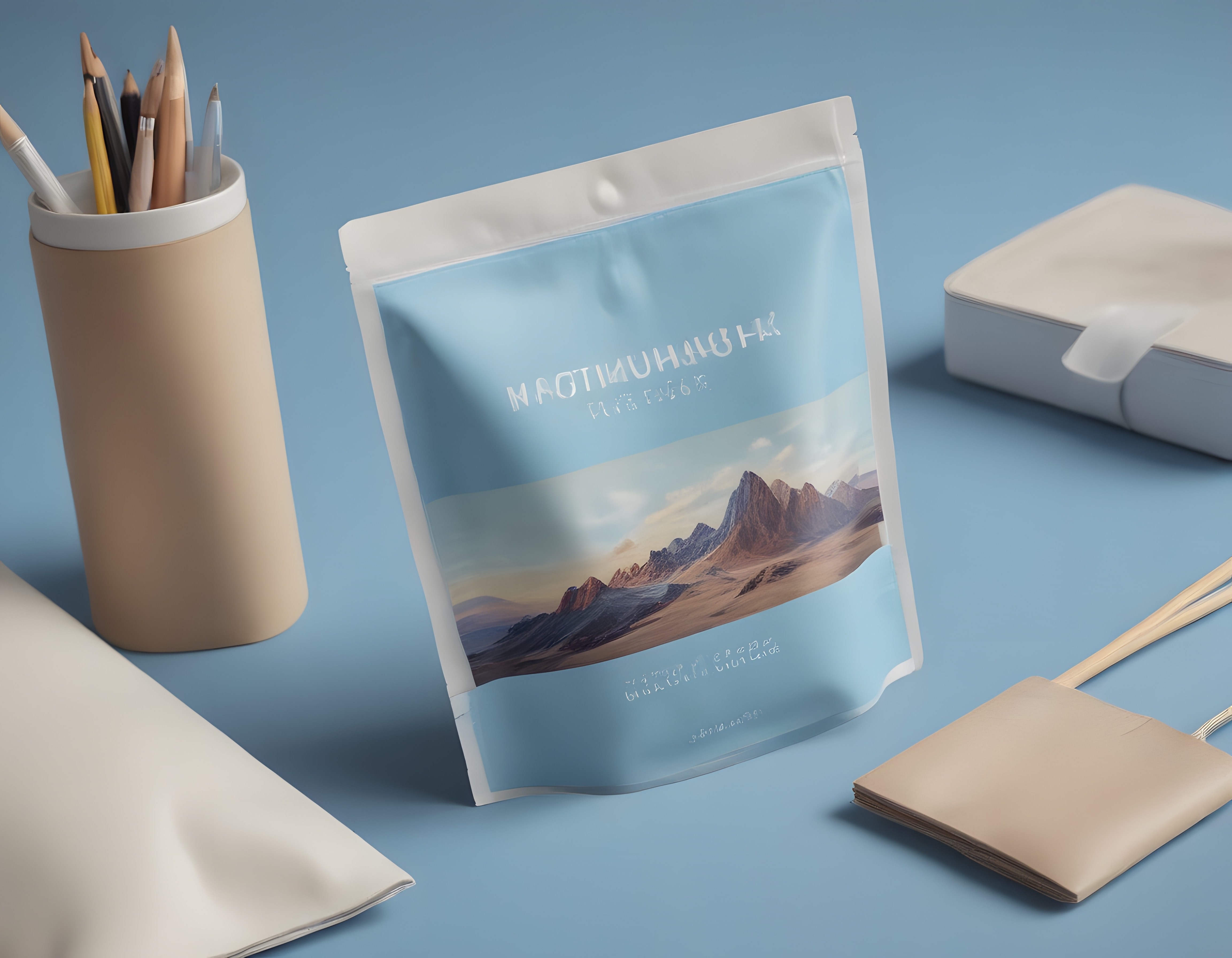 Pastel mavi zeminde Machu Picchu temalı ambalaj poşeti ve minimal ofis düzeni
