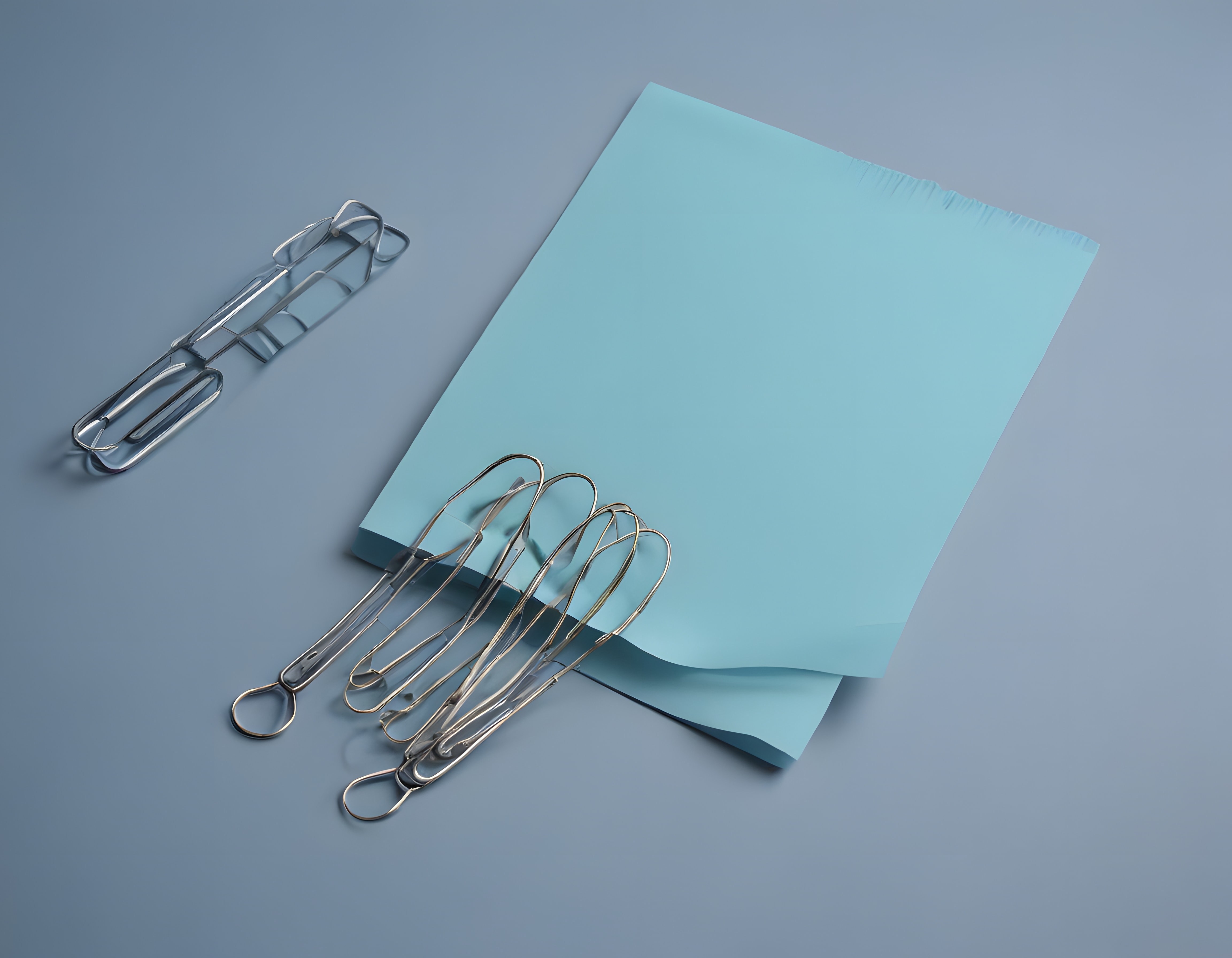 Pastel Mavi Zeminde Metal Klipler ve Boş Not Kağıdı ile Minimal Ofis Düzeni