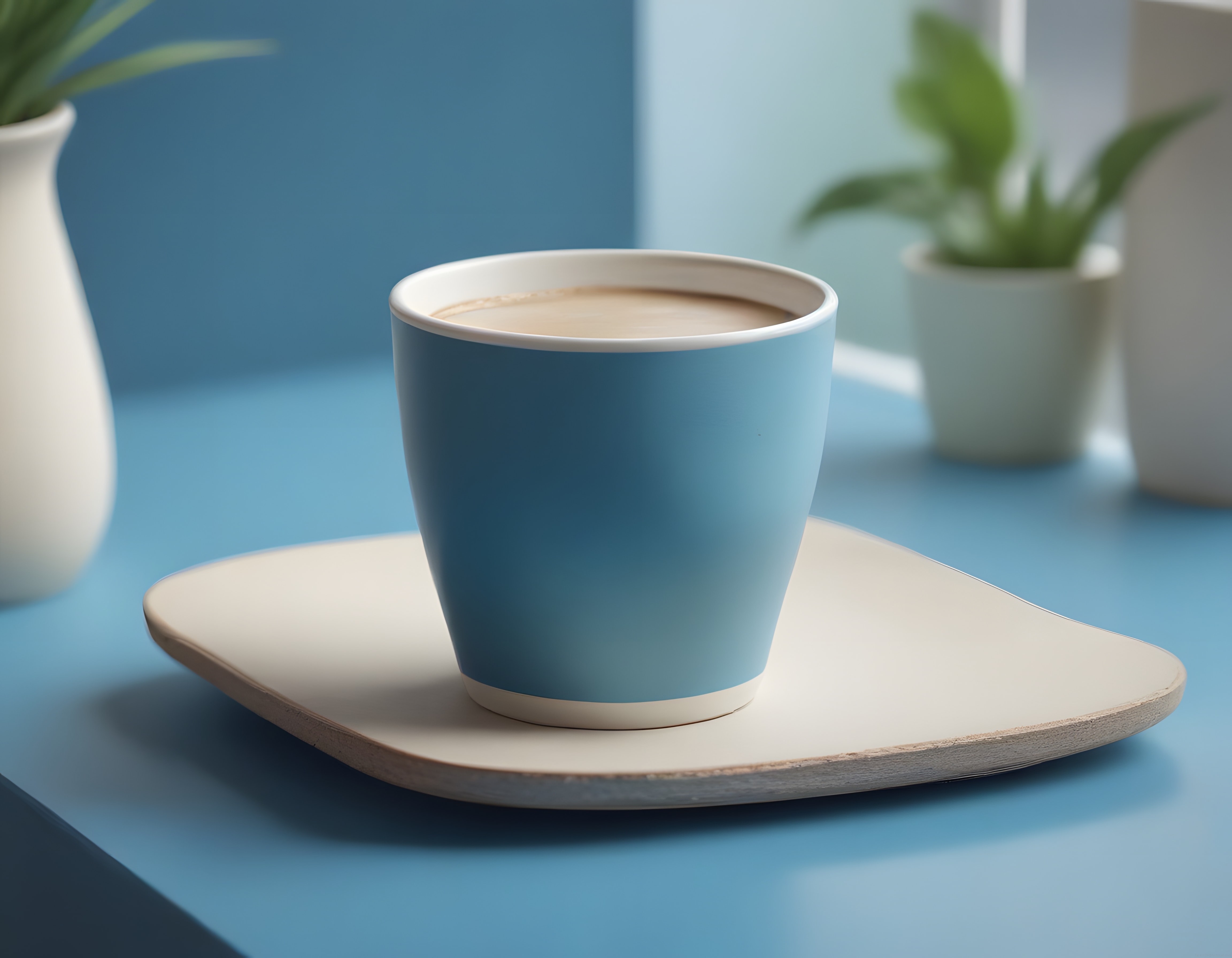 Pastel Mavide Seramik Fincan ve Köpüklü Sıcak Latte Sunumu