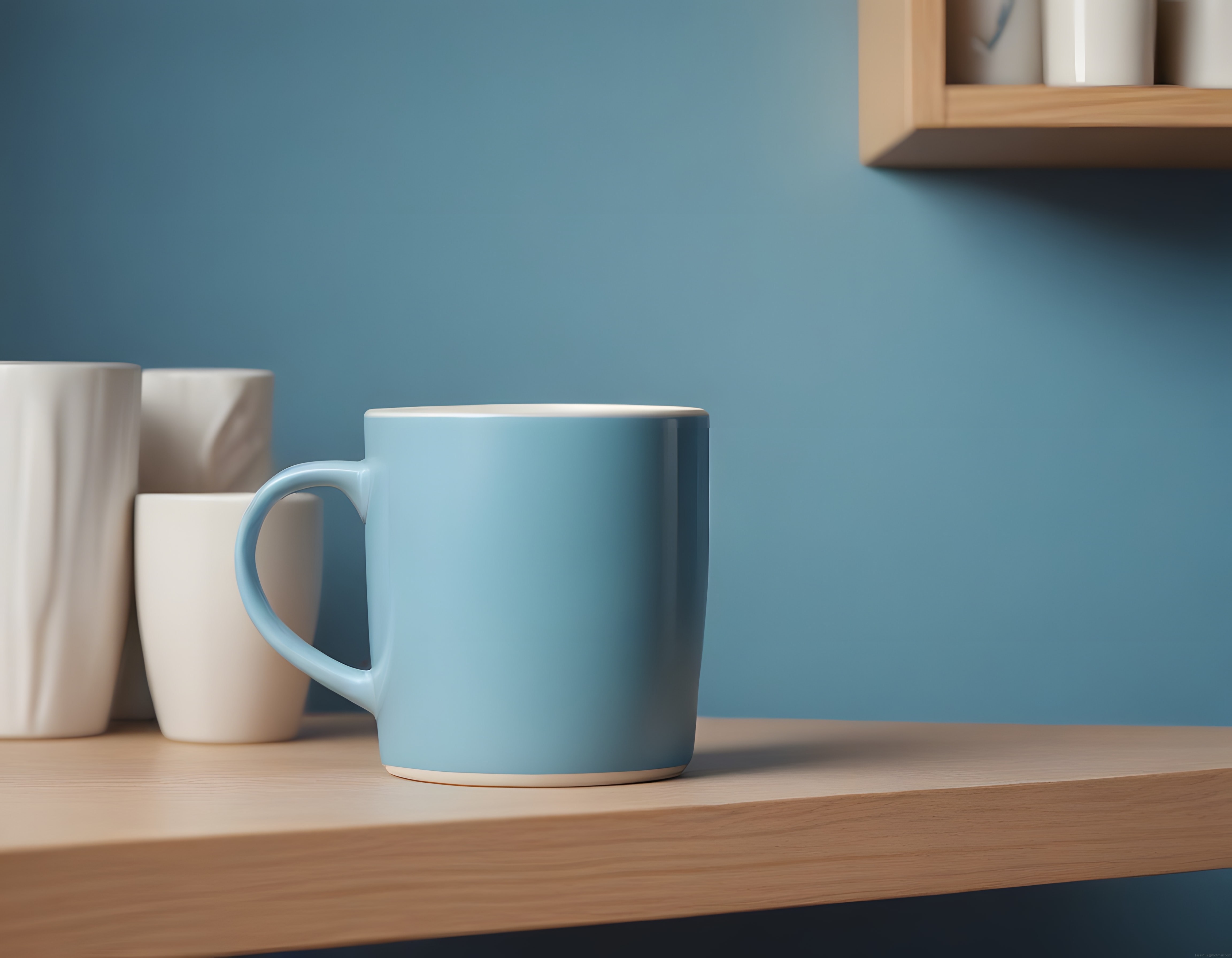 Pastel Mavili Modern Mutfak: Minimal Seramik Kupa ve Ahşap Raf Detayı