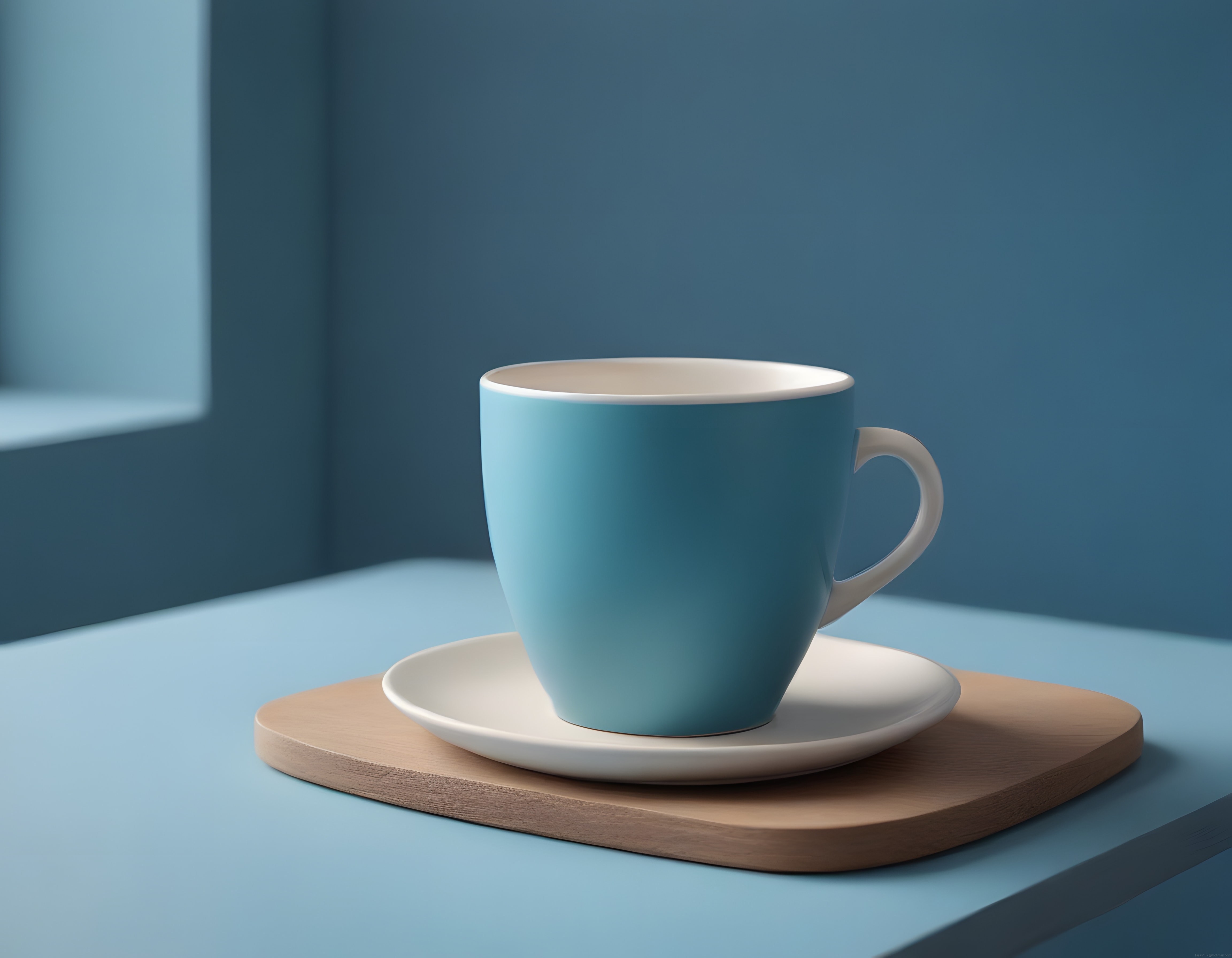 Pastel Mavili Seramik Kupa ve Ahşap Sunum Tahtası ile Minimal Dekor