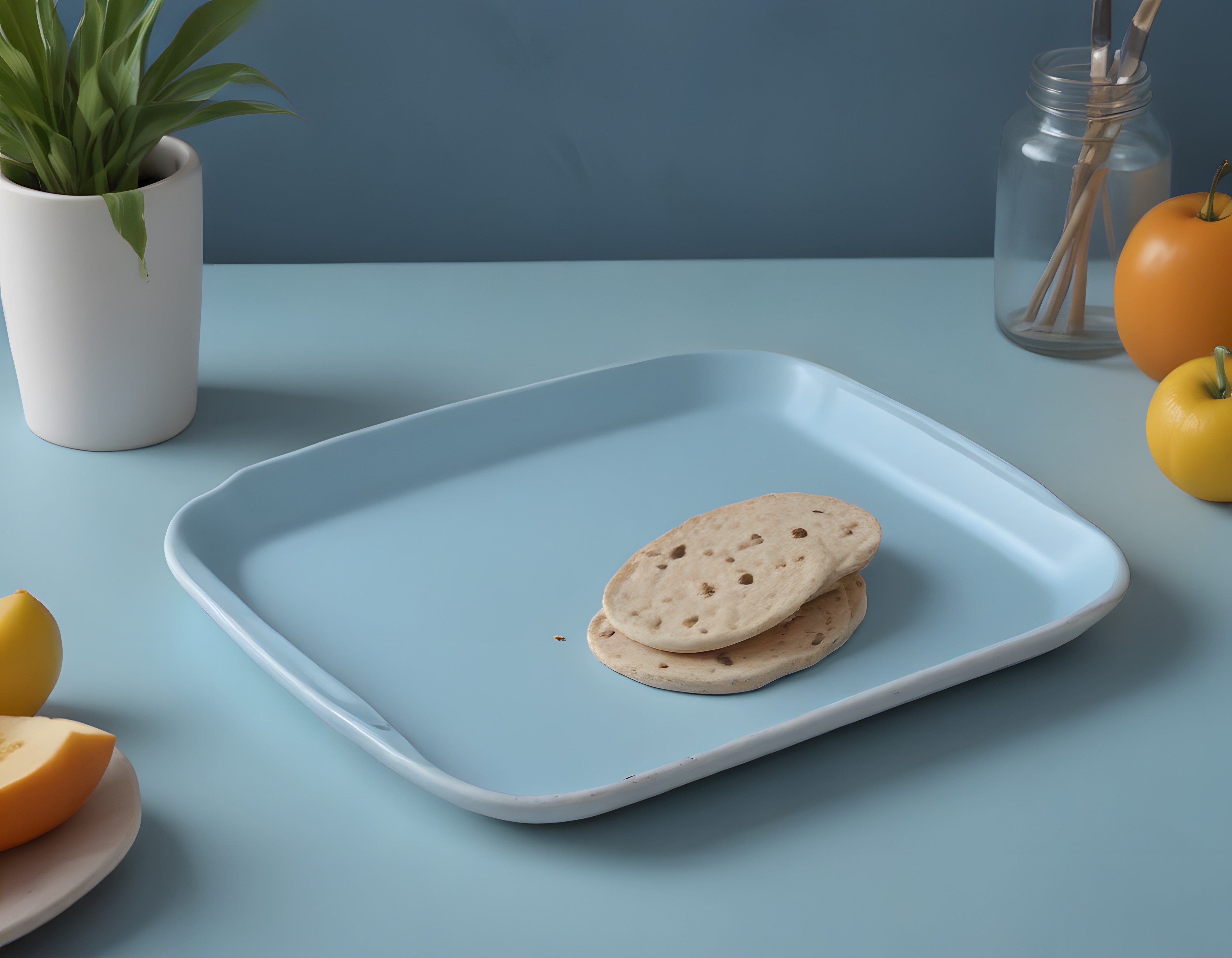 Pastel Mutfak Köşesinde Kahvaltılık Kraker ve Renkli Meyveler Pastel Mutfak Köşesinde Kahvaltılık Kraker ve Renkli Meyveler
