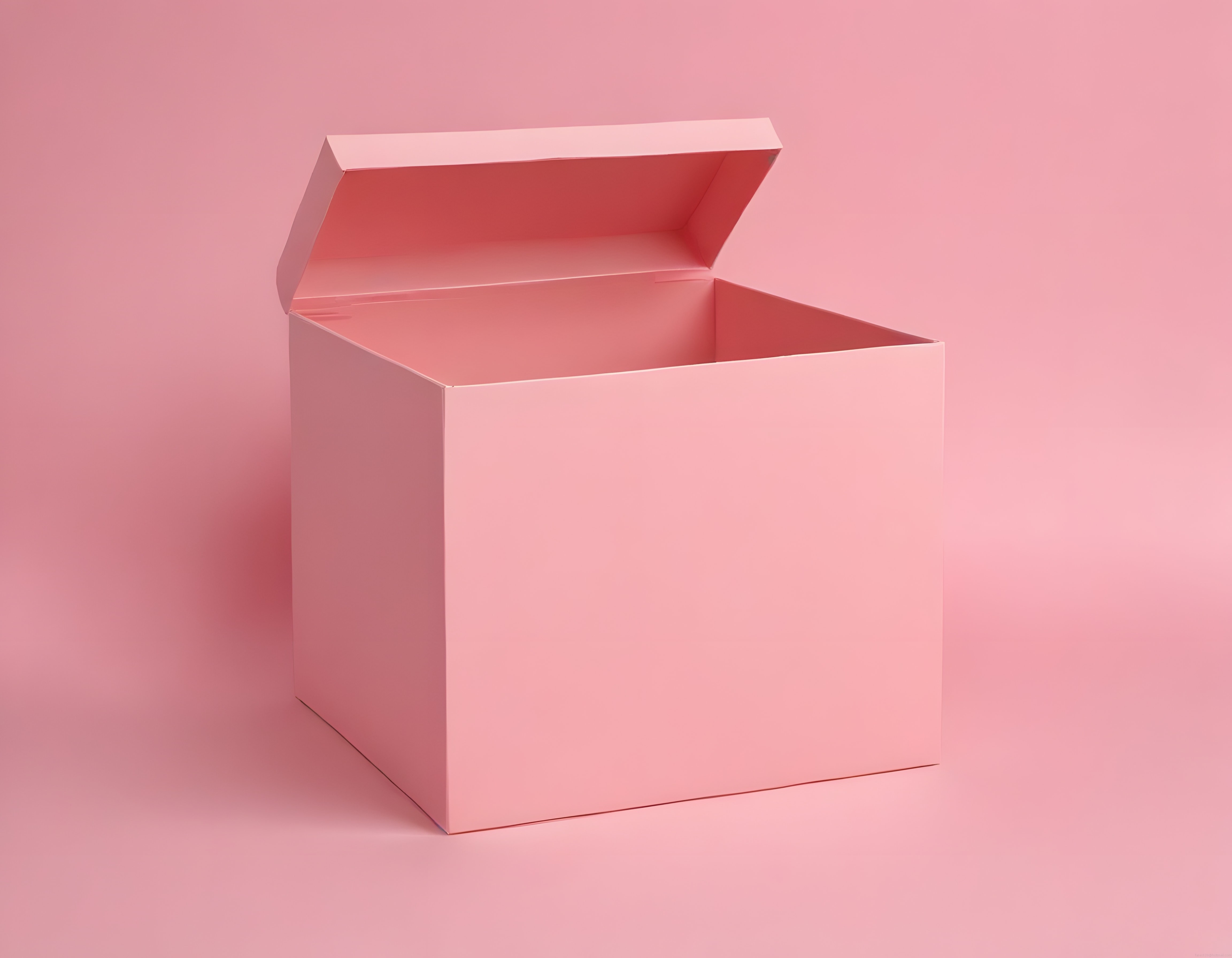 Pastel pembe arka plan üzerinde açık kapaklı boş kutu ve minimal ürün fotoğrafı