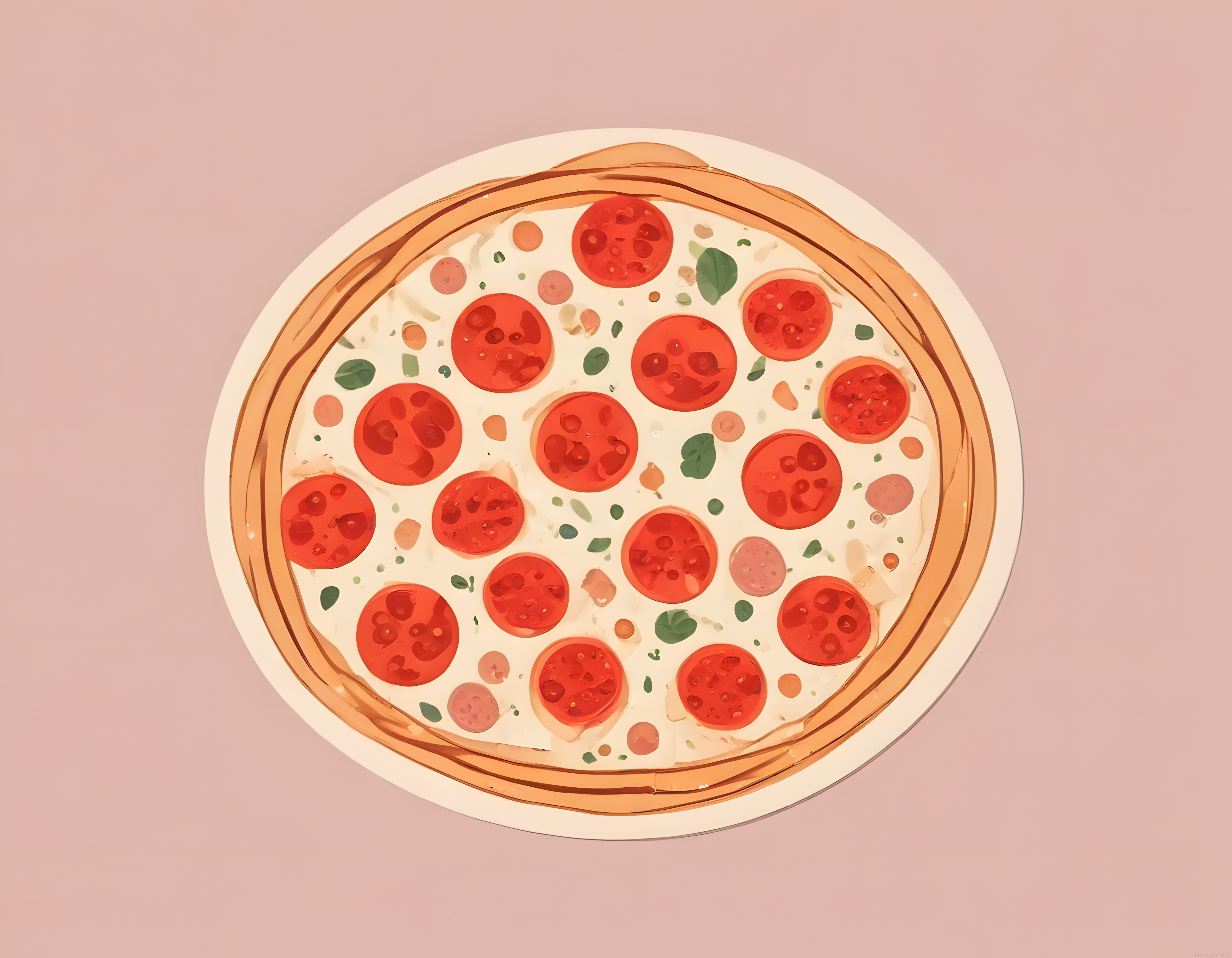Pastel pembe arka plan üzerine serilmiş pepperoni pizza illüstrasyonu