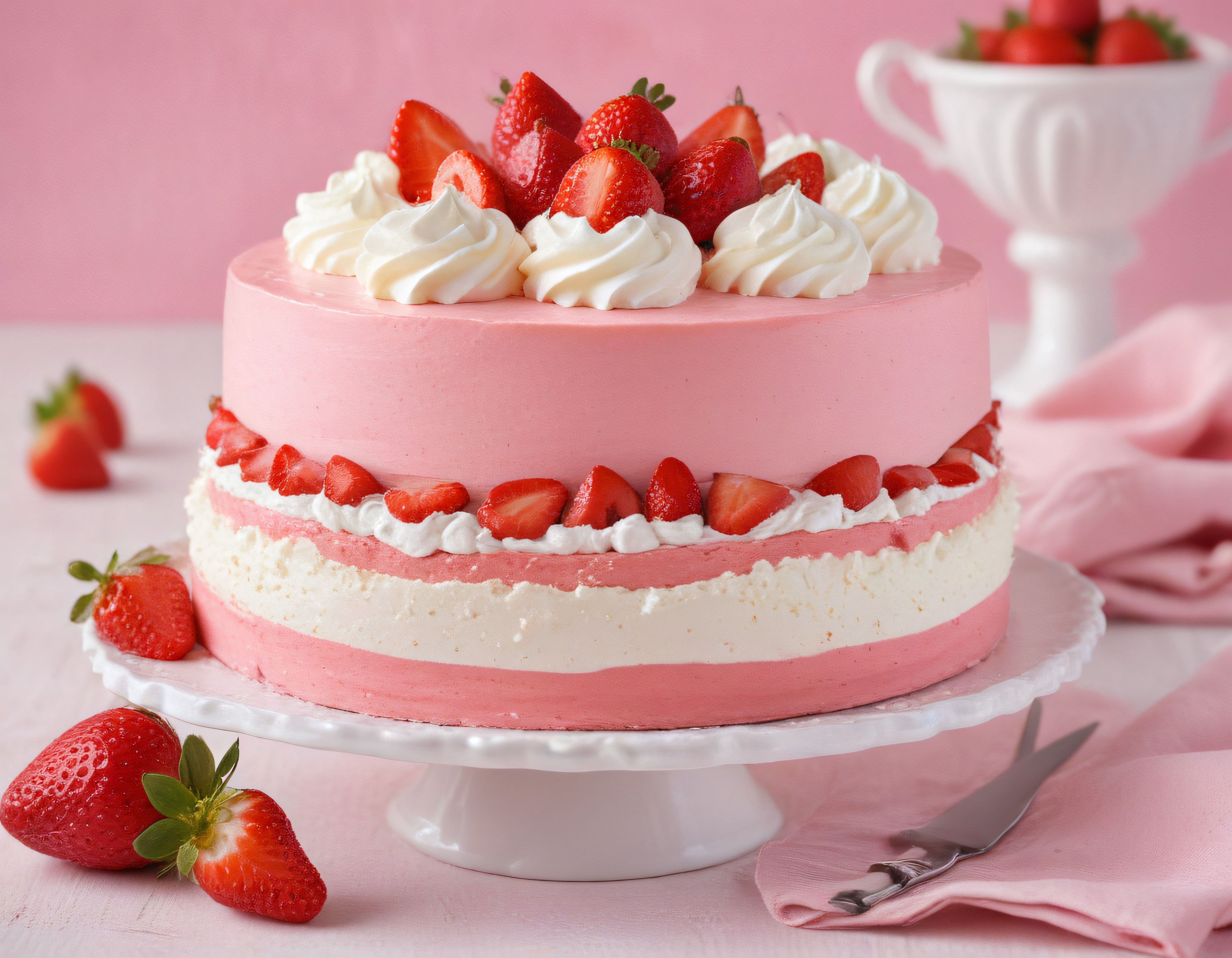 Pastel Pembe Arka Planda Çilekli Kremalı Katlı Doğum Günü Pastası