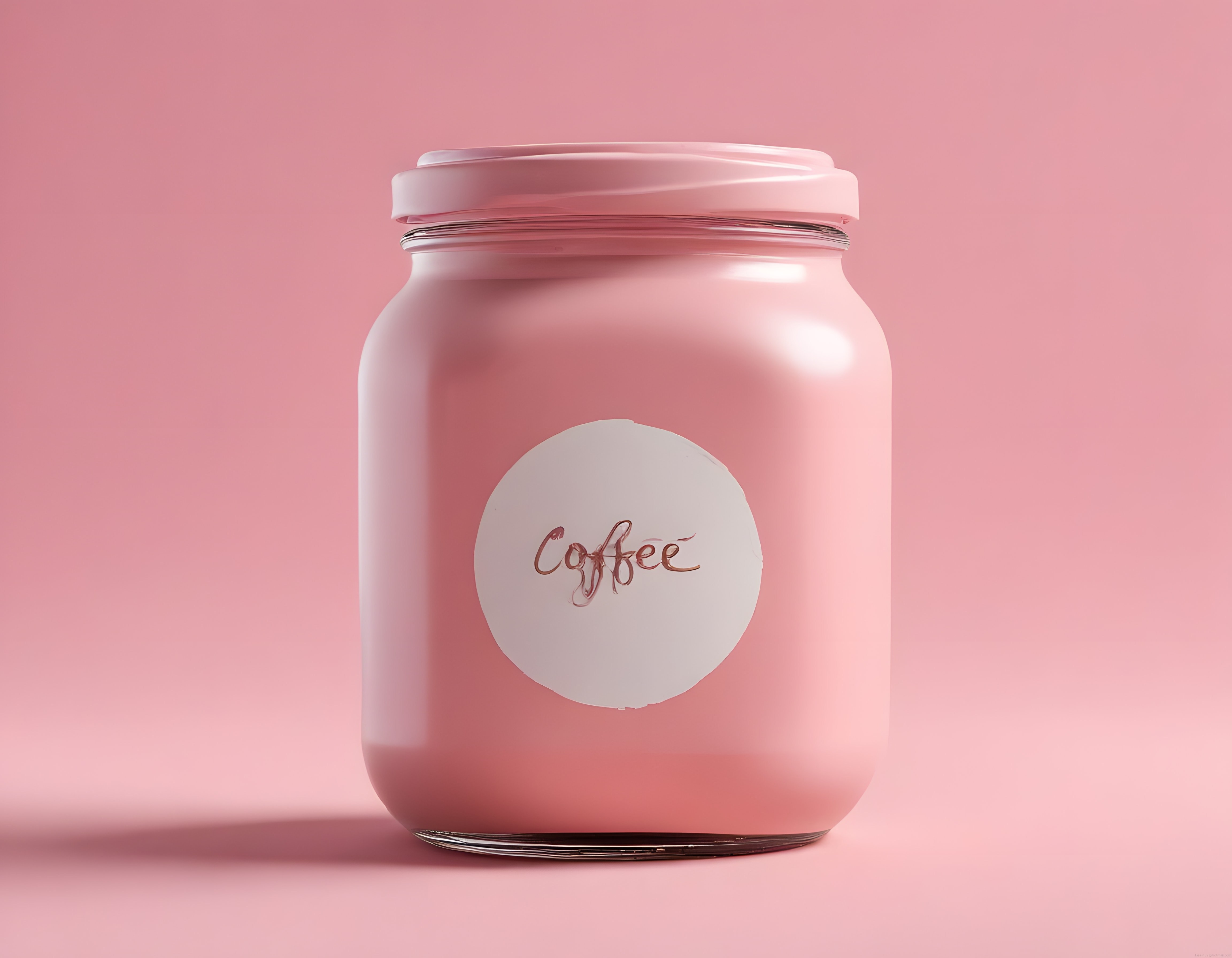 Pastel pembe arka planda coffee etiketli şık cam kavanoz ve minimal tasarım