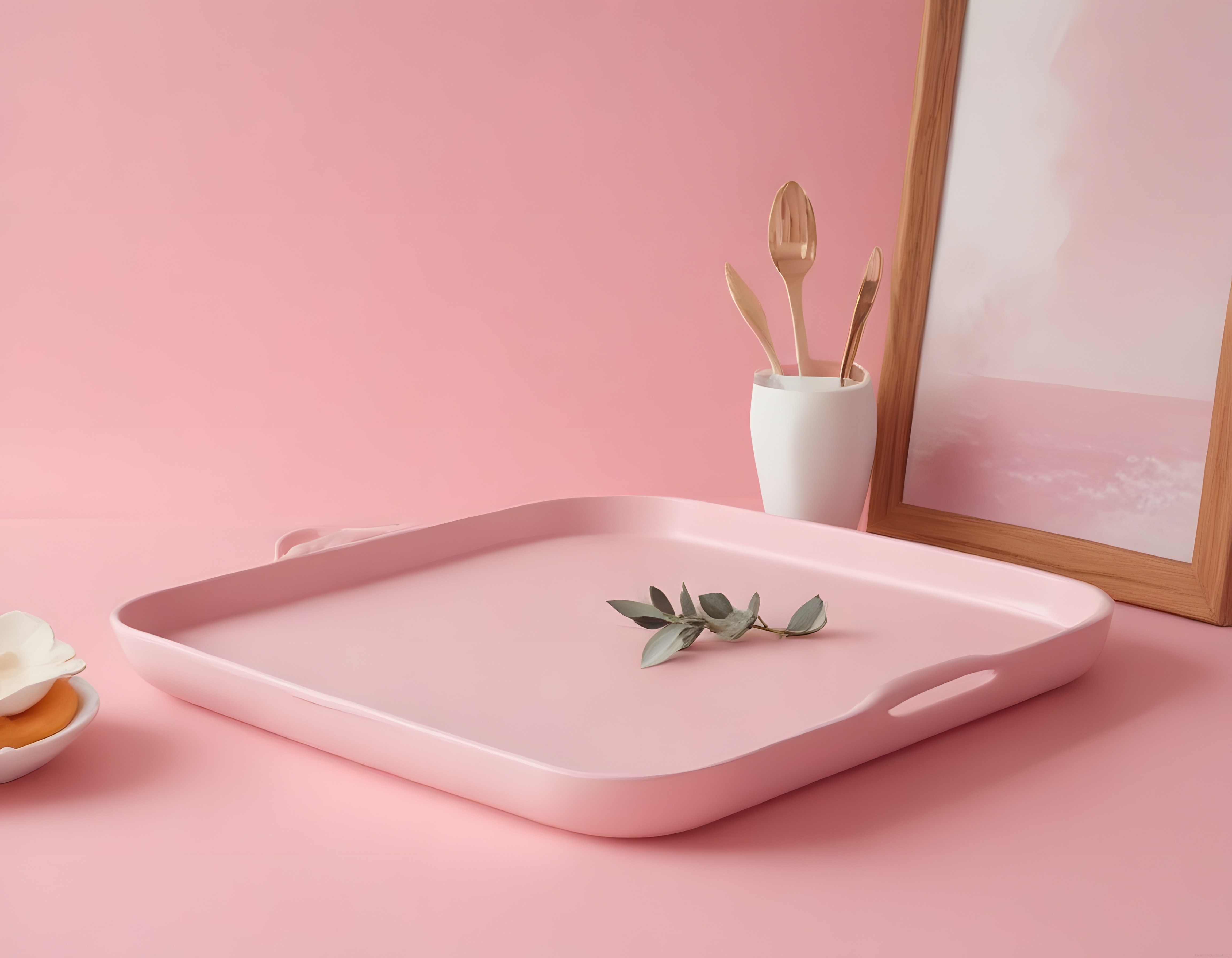 Pastel Pembe Arka Planda Dekoratif Tepsi ve Masa Üstü Aksesuarları