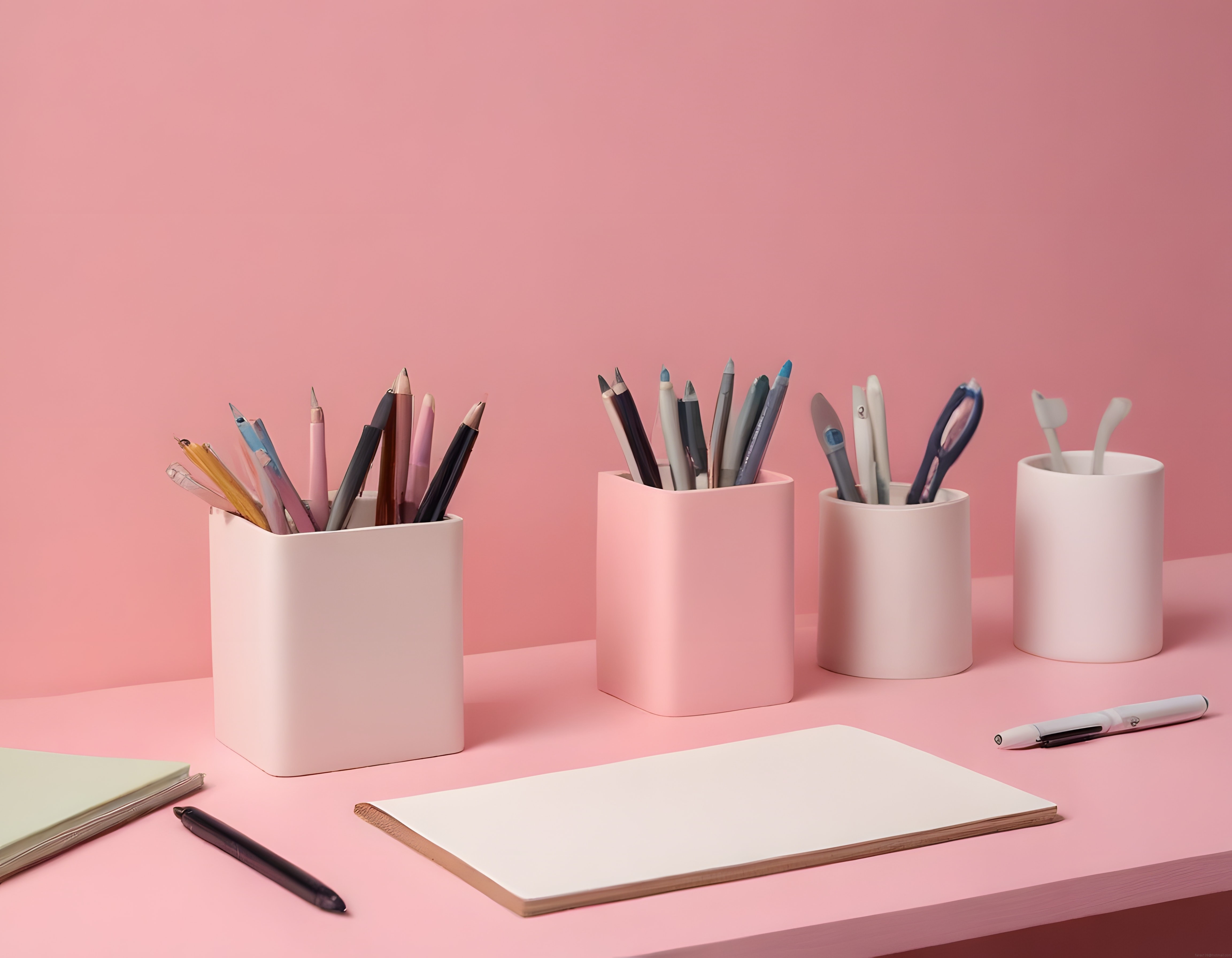 Pastel Pembe Arka Planda Estetik Masa Düzeni ve Kırtasiye Ürünleri