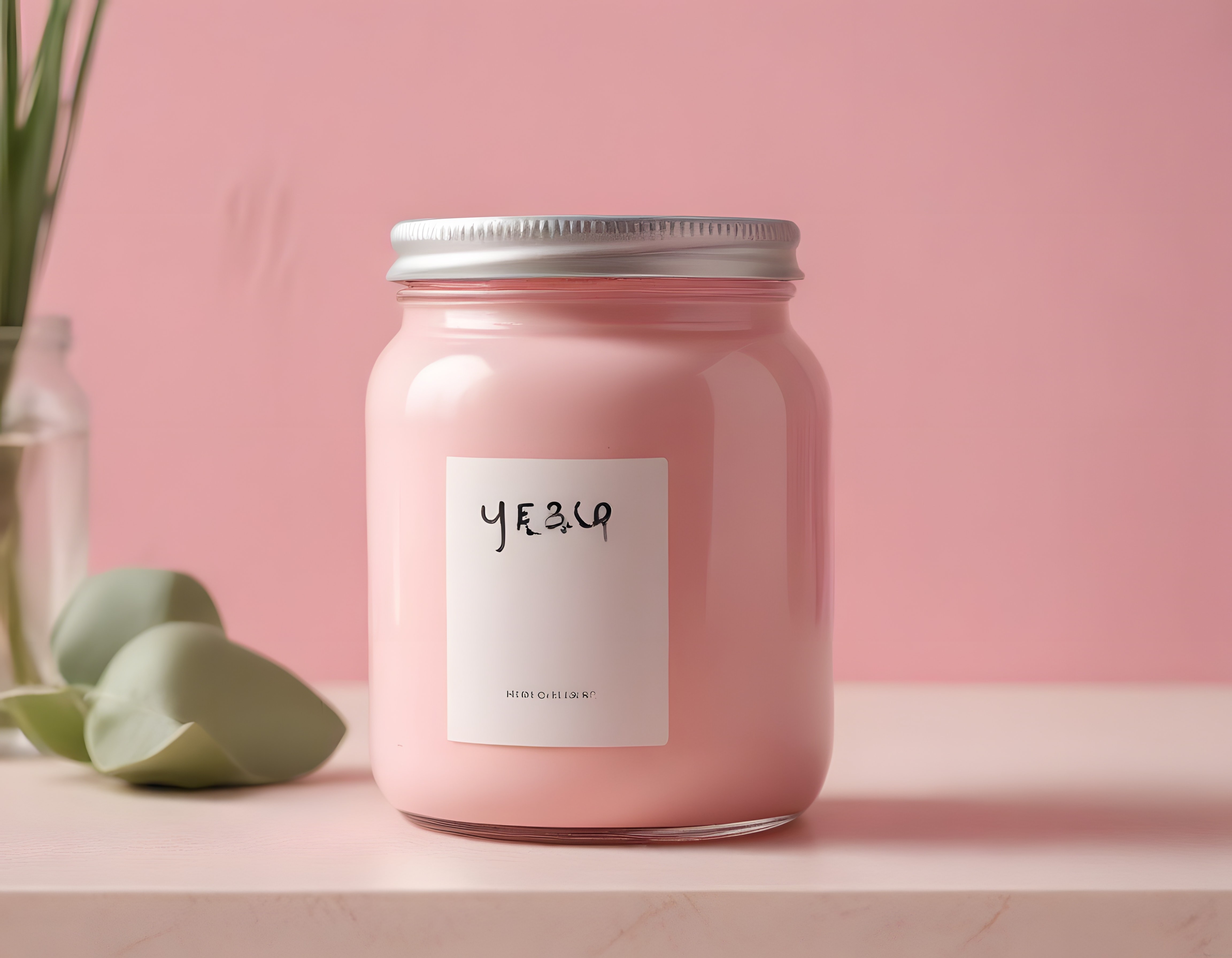 Pastel pembe arka planda estetik ürün kavanozu ve yeşil bitki detayı