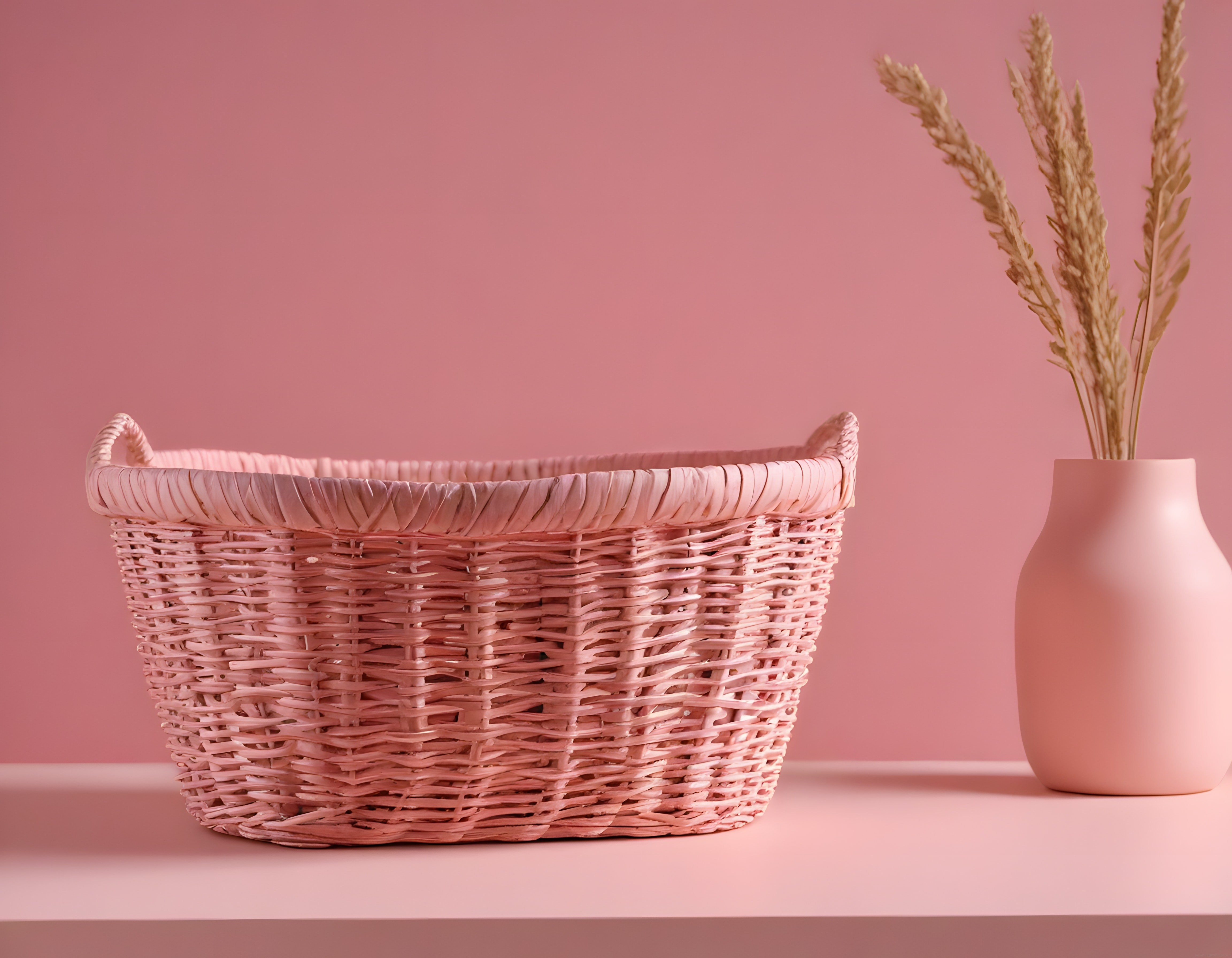 Pastel Pembe Arka Planda Hasır Sepet ve Kuru Çiçekli Modern Vazo Dekoru