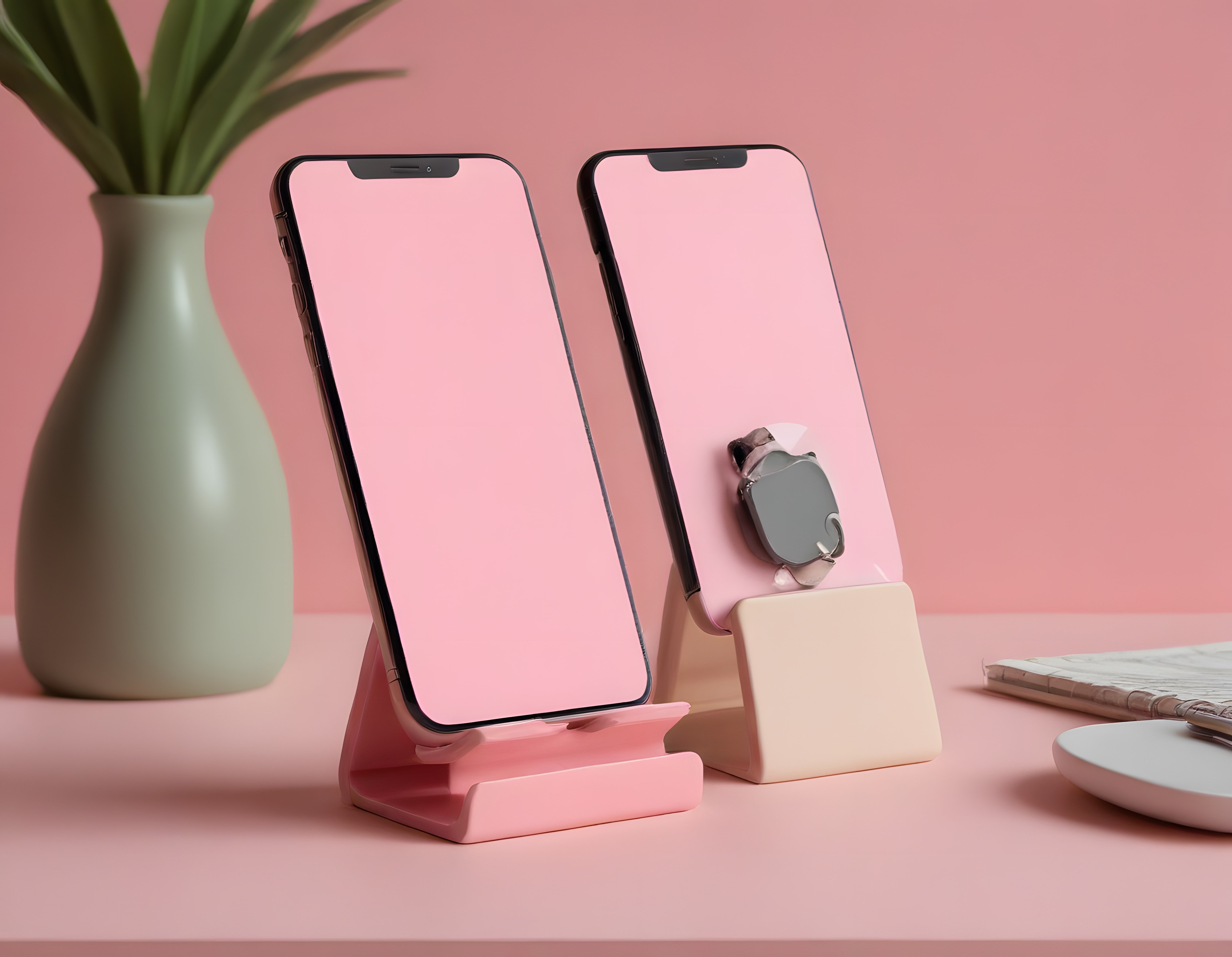 Pastel Pembe Arka Planda İki Akıllı Telefon ve Akıllı Saat Masaüstü Görünümü Pastel Pembe Arka Planda İki Akıllı Telefon ve Akıllı Saat Masaüstü Görünümü