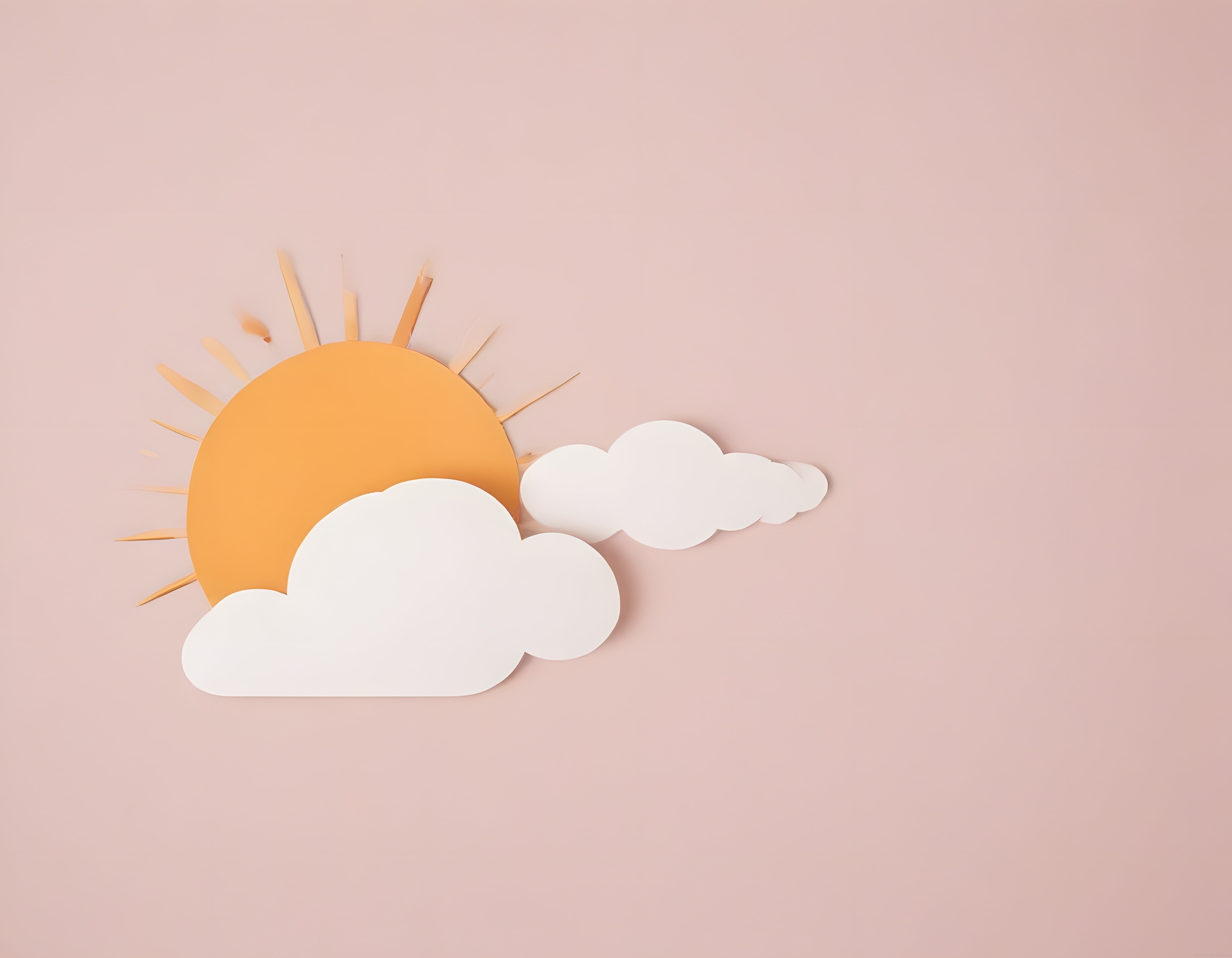 Pastel pembe arka planda kağıt kesme tekniği ile güneş ve bulut tasarımı