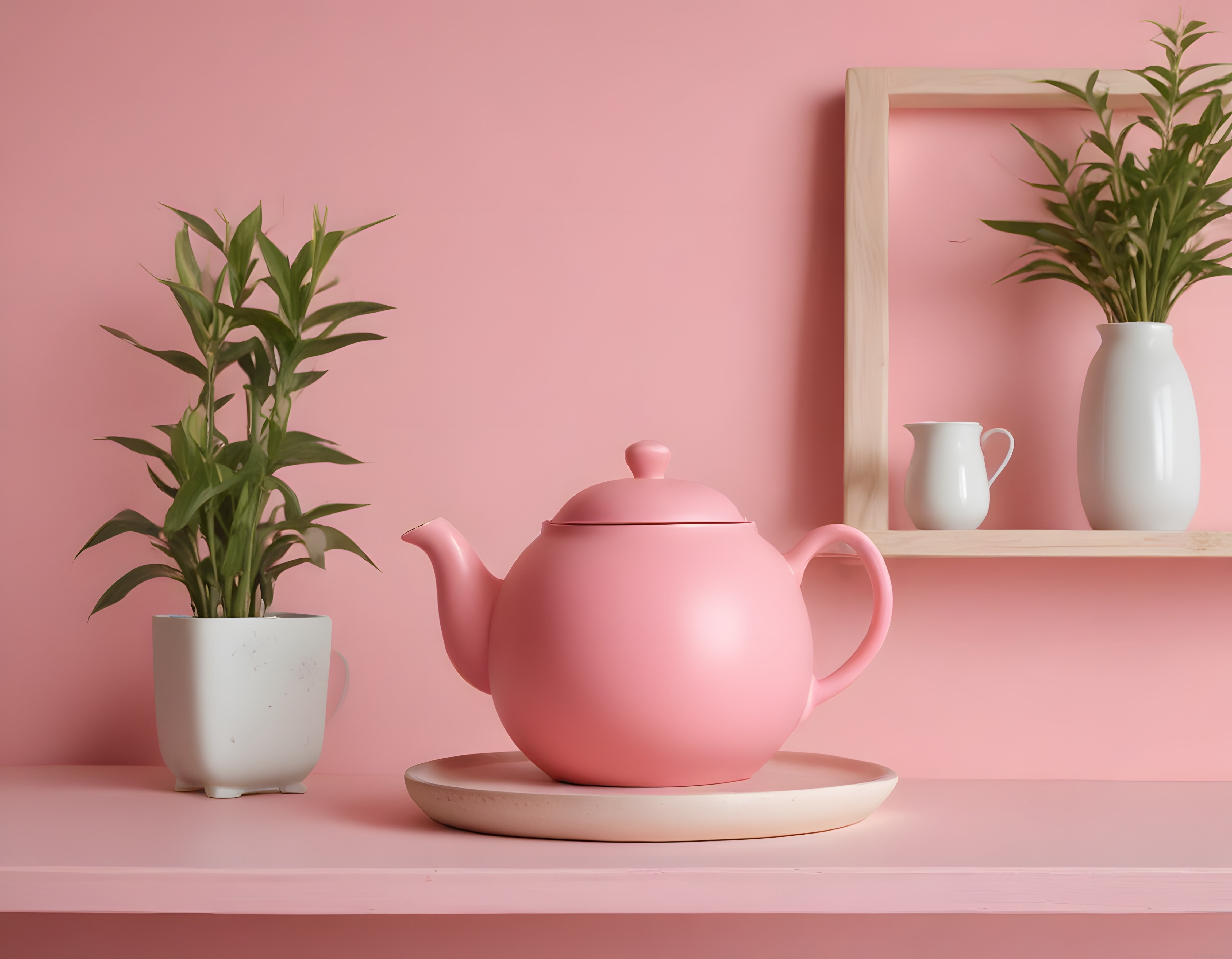 Pastel Pembe Arka Planda Minimalist Çaydanlık ve Bitkili Ev Dekoru