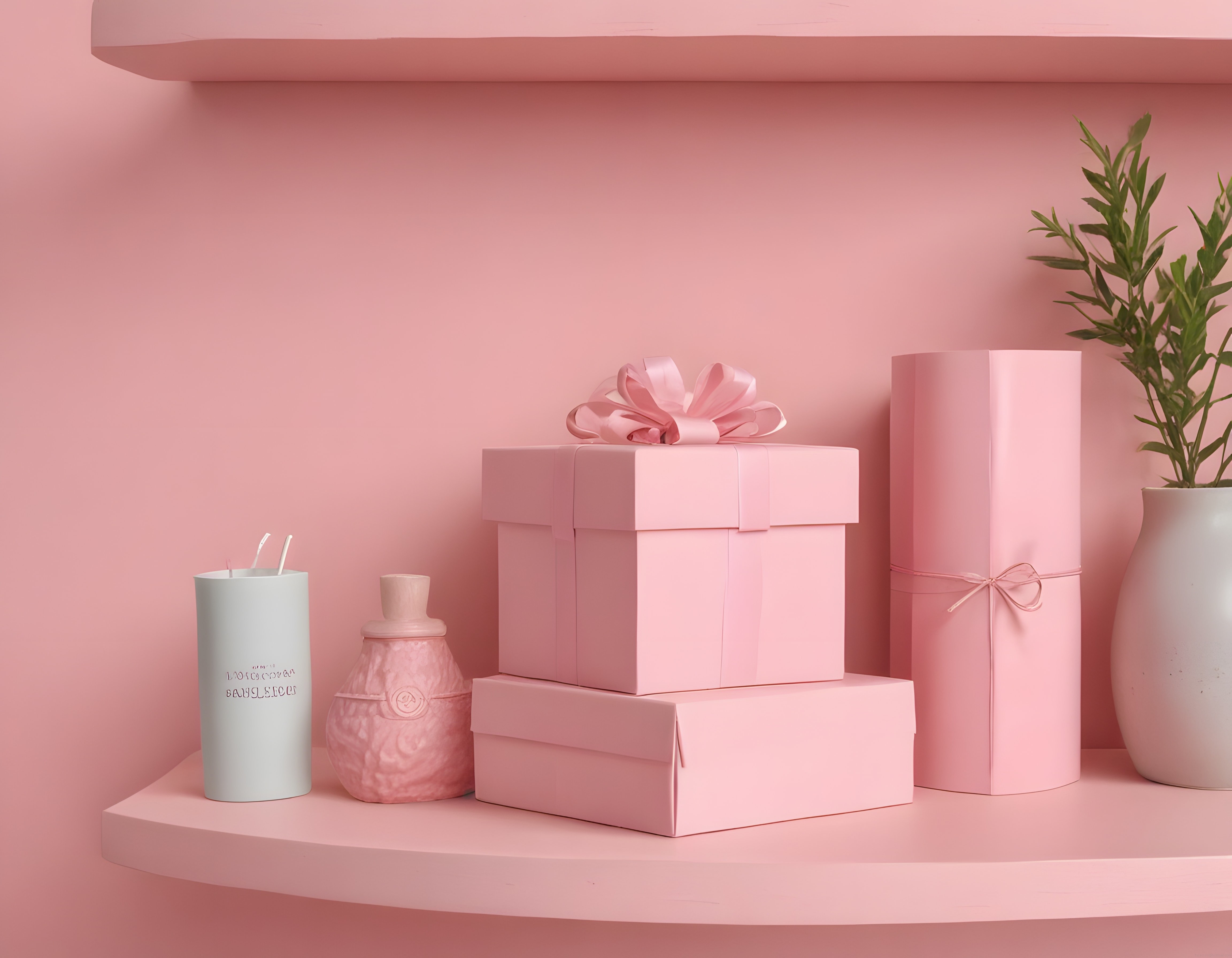 Pastel pembe arka planda minimalist hediye kutusu ve dekoratif obje düzenlemesi