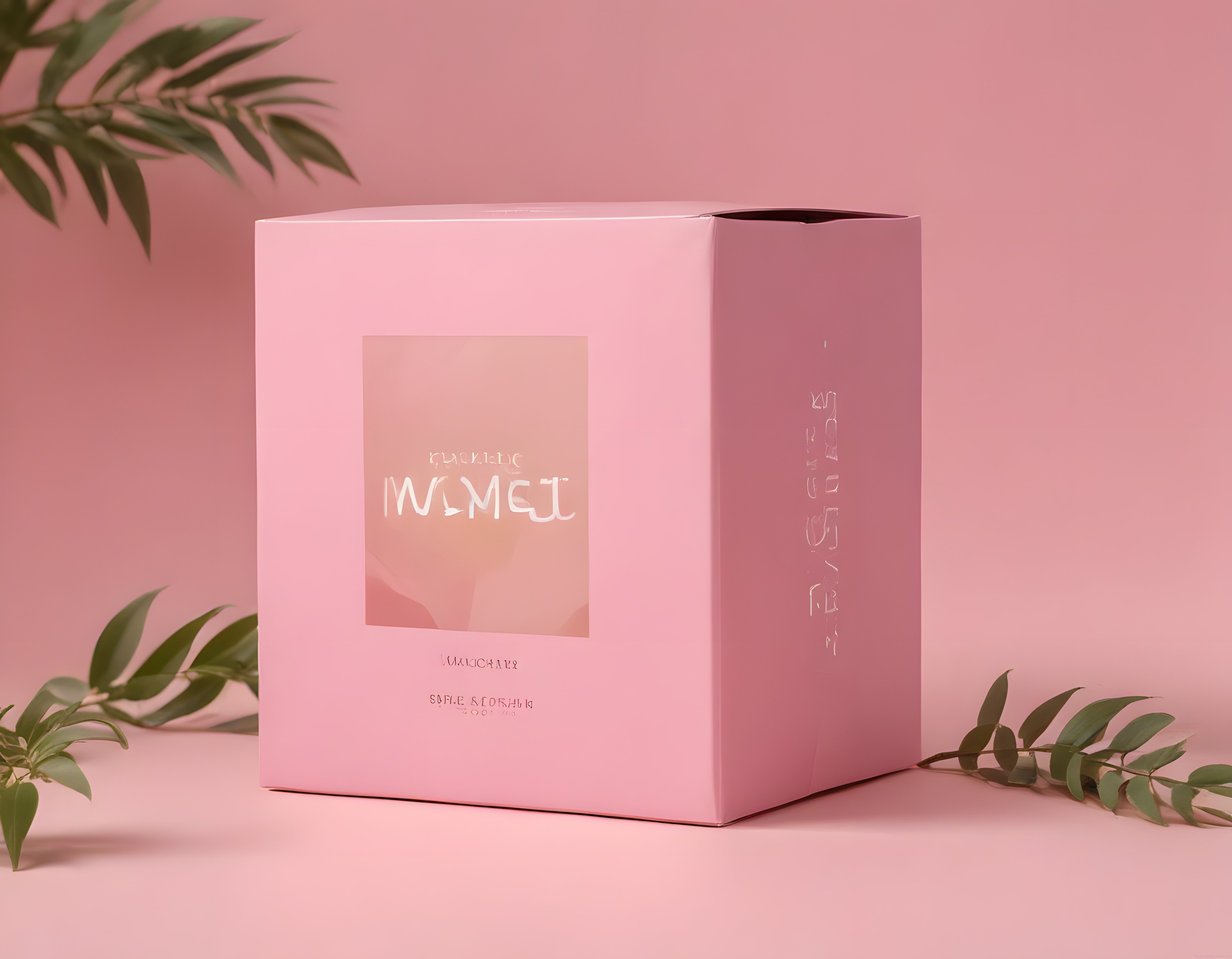 Pastel Pembe Arka Planda Minimalist Kozmetik Ürün Kutusu ve Botanik Yapraklar