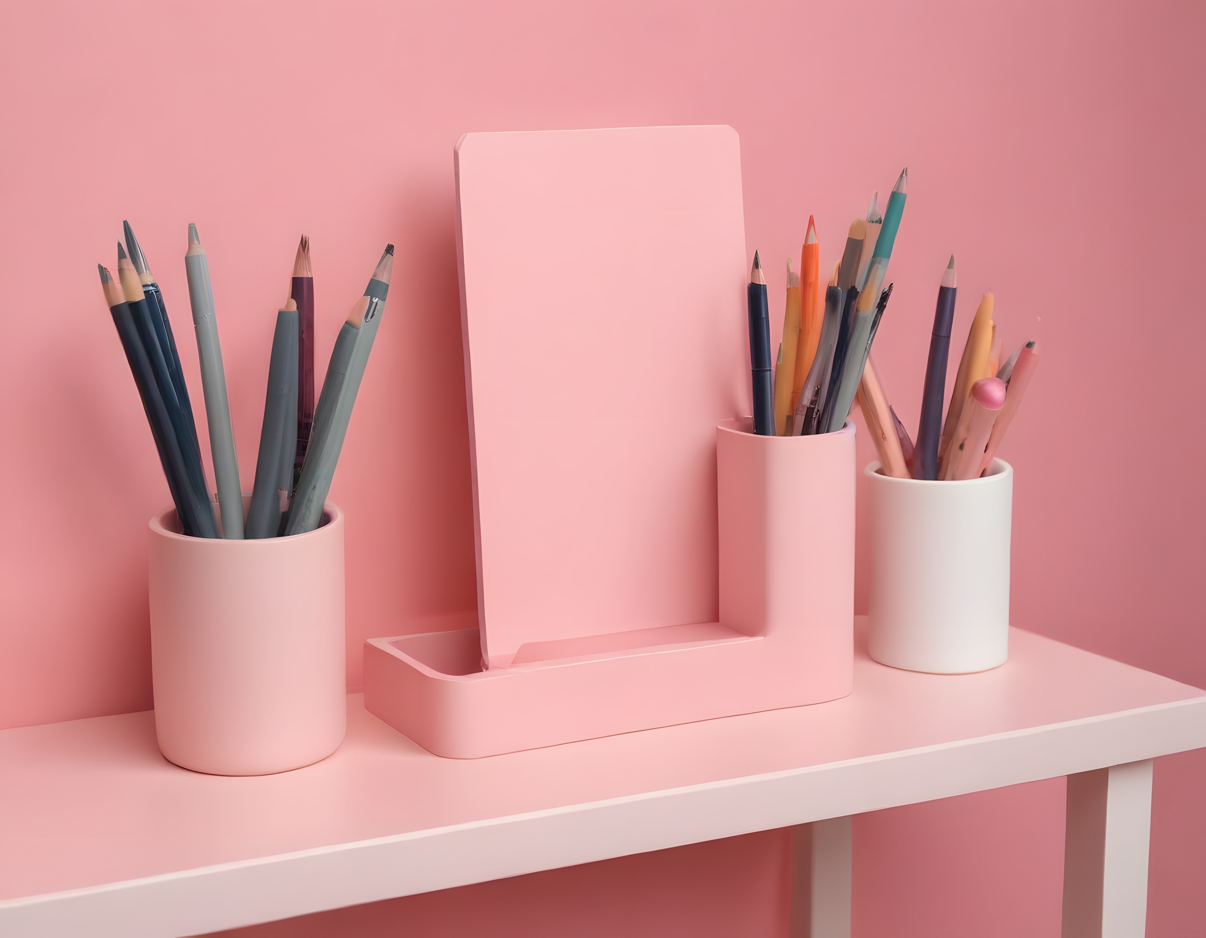 Pastel Pembe Arka Planda Minimalist Masa Düzeni ve Kırtasiye Tutucuları
