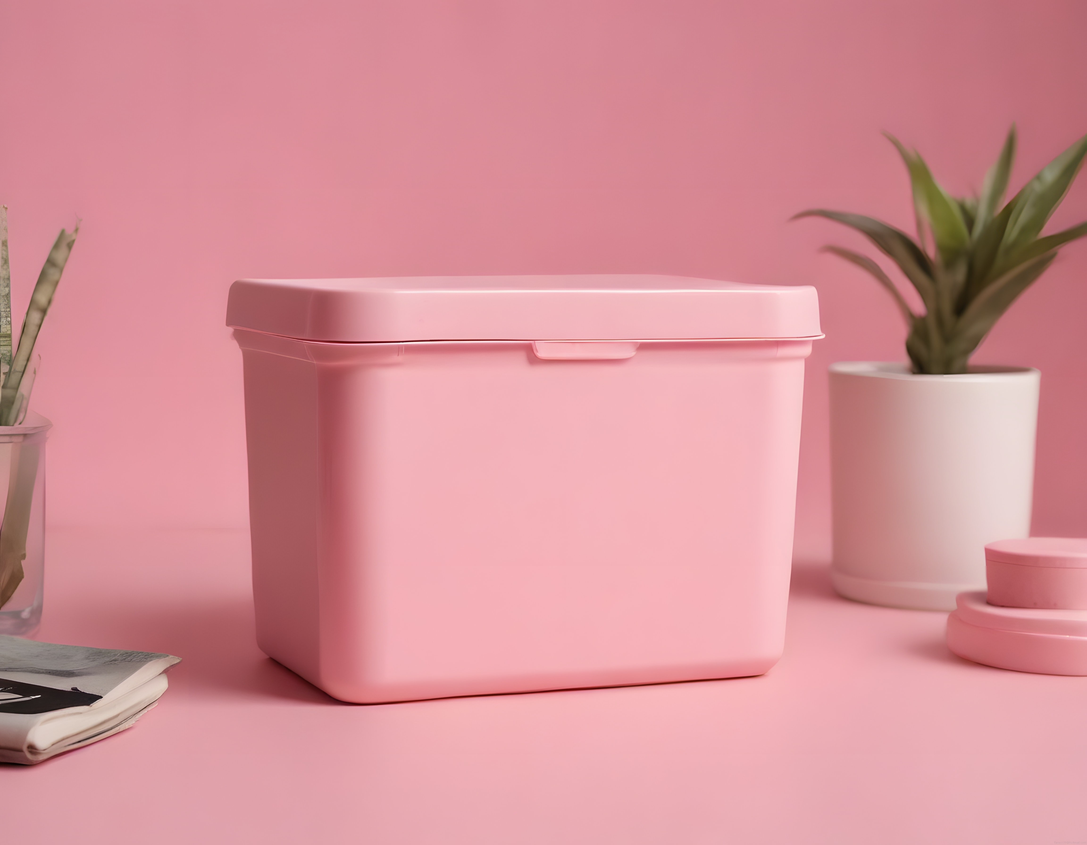 Pastel pembe arka planda minimalist saklama kabı ve ev dekorasyonu detayları