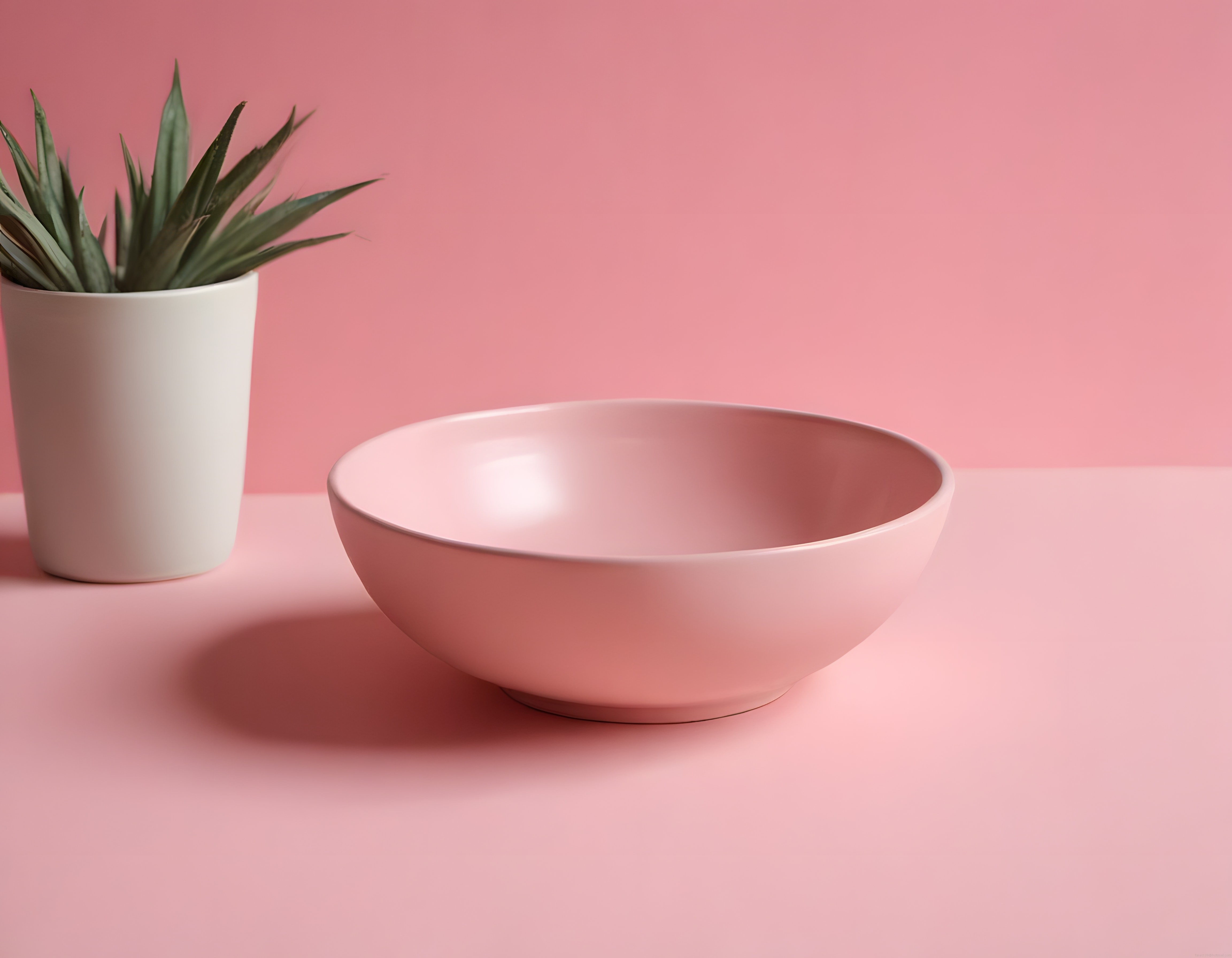 Pastel Pembe Arka Planda Minimalist Seramik Kase ve Saksı Bitkisi