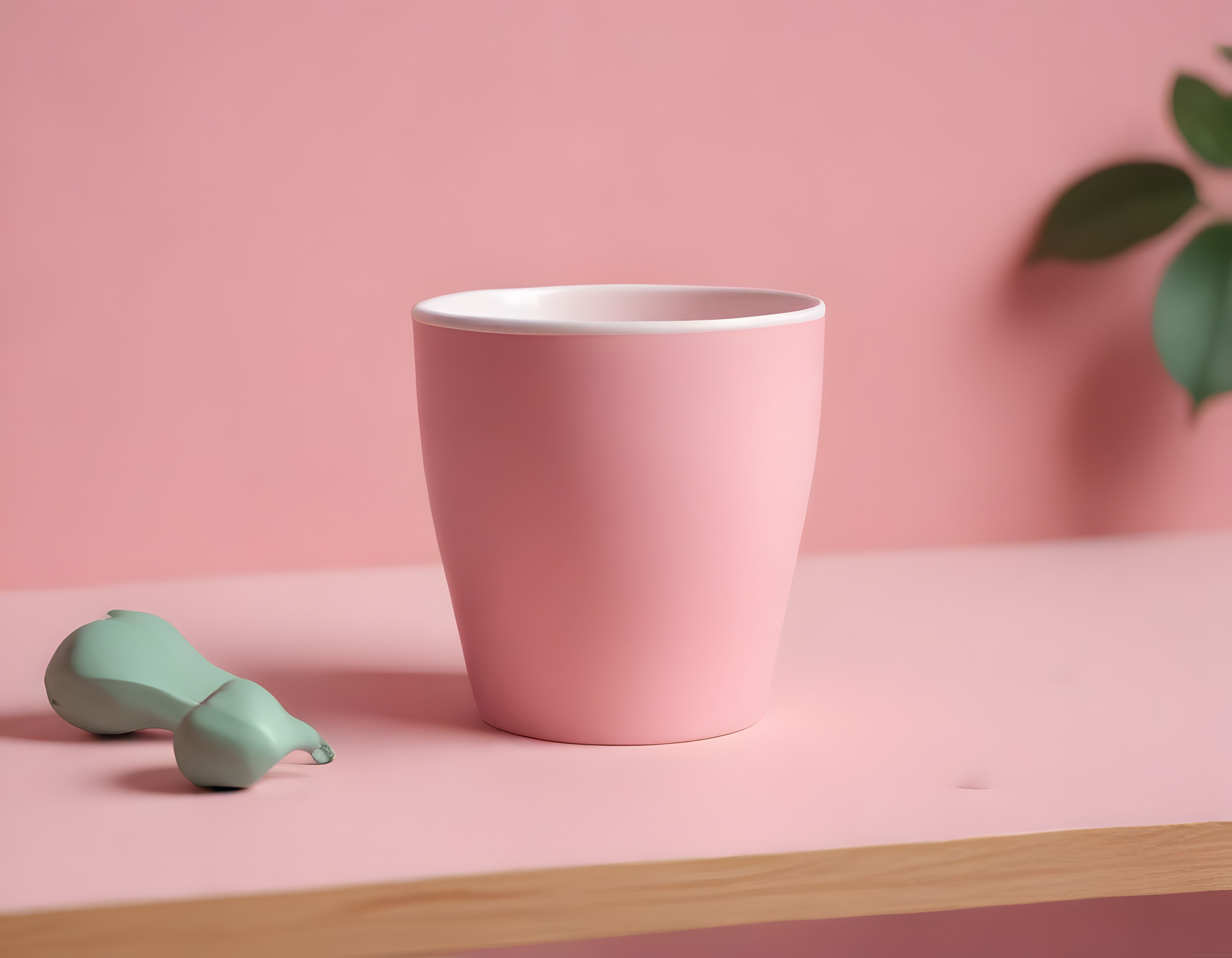 Pastel Pembe Arka Planda Minimalist Seramik Kupa ve Mint Yeşili Dekoratif Ürün