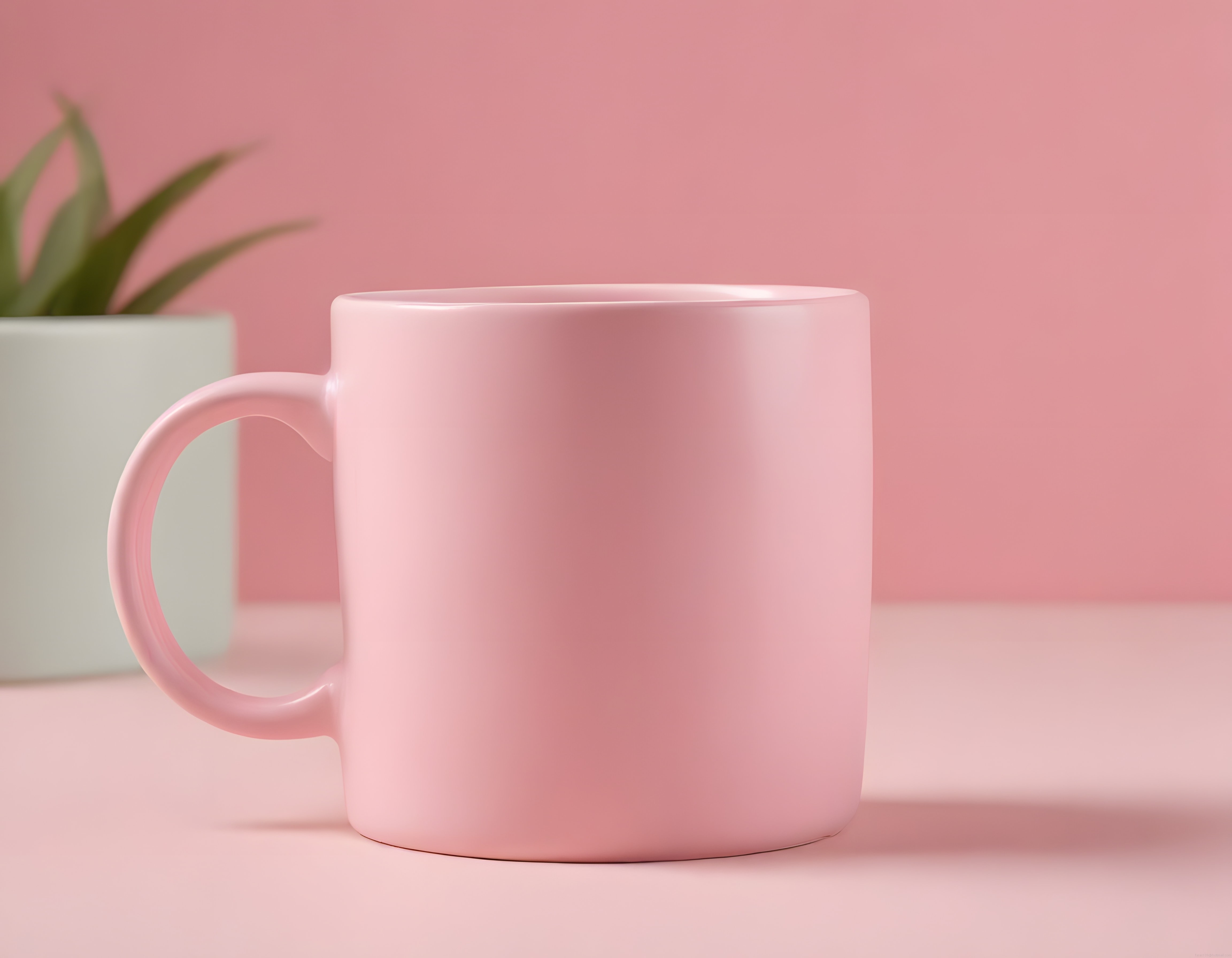 Pastel pembe arka planda minimalist seramik kupa ve yeşil bitki dekoru