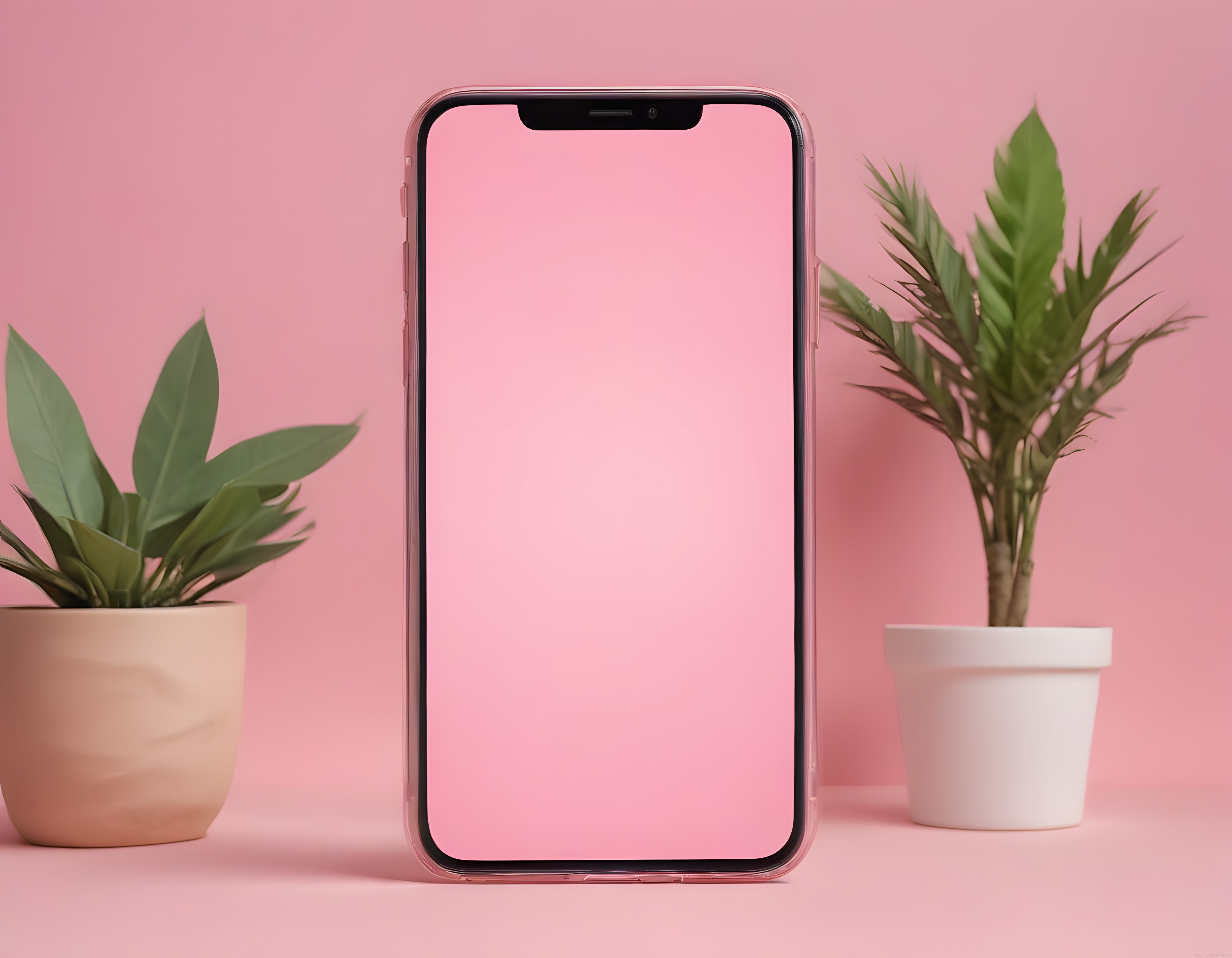 Pastel Pembe Arka Planda Modern Akıllı Telefon ve Dekoratif Yeşil Bitkiler