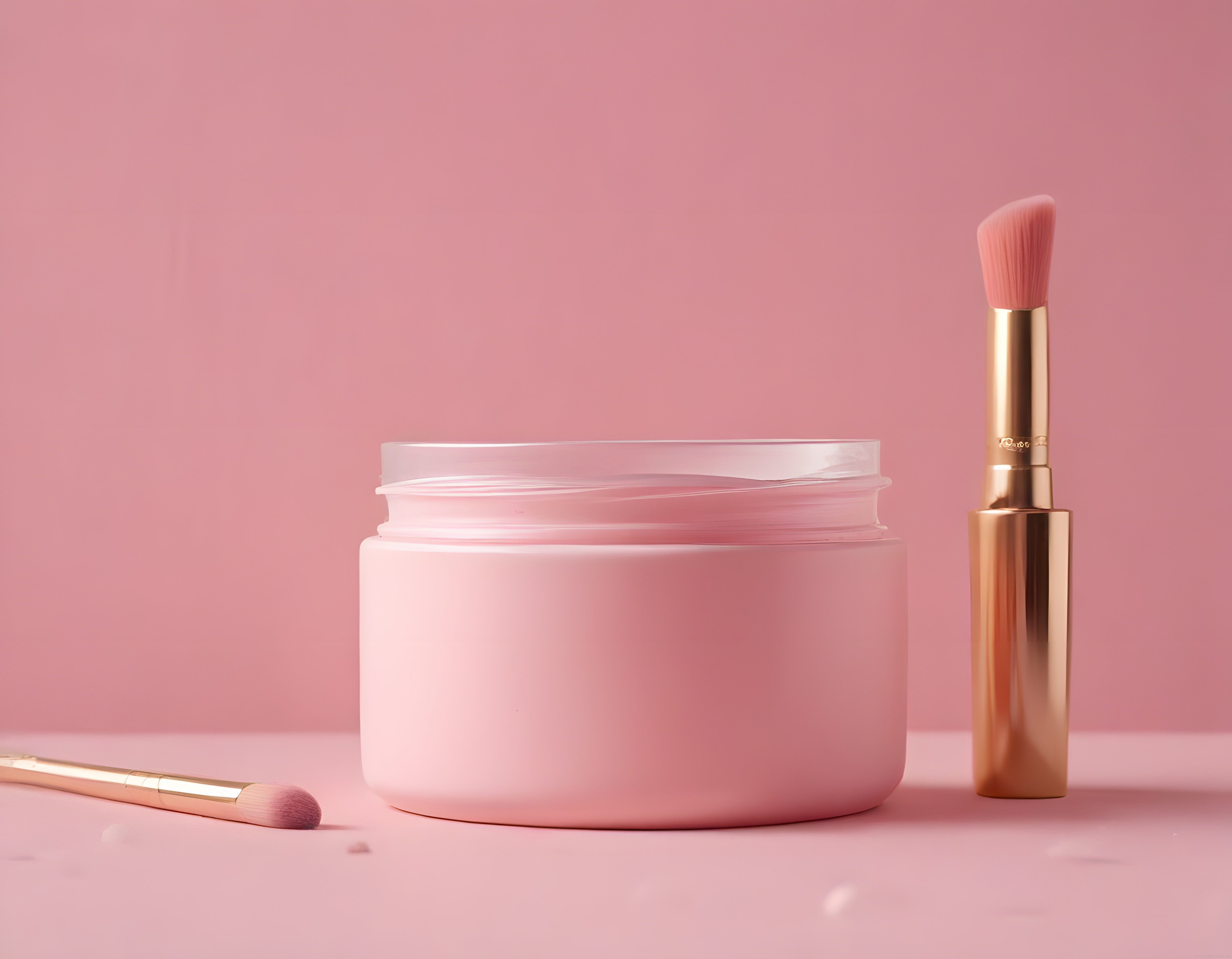 Pastel pembe arka planda şık kozmetik kavanoz ve altın makyaj fırçası