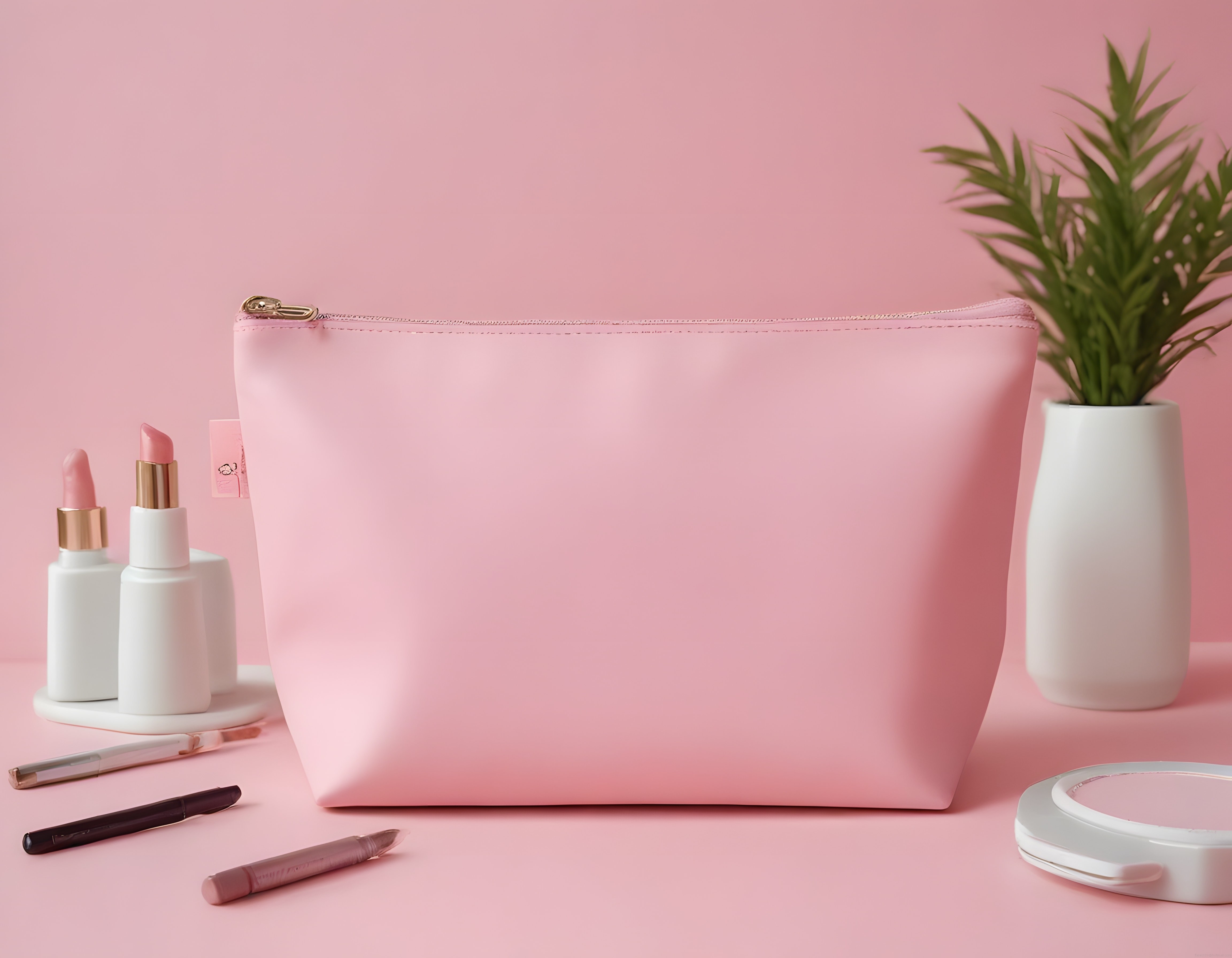 Pastel Pembe Arka Planda Şık Makyaj Çantası ve Kozmetik Ürün Düzeni