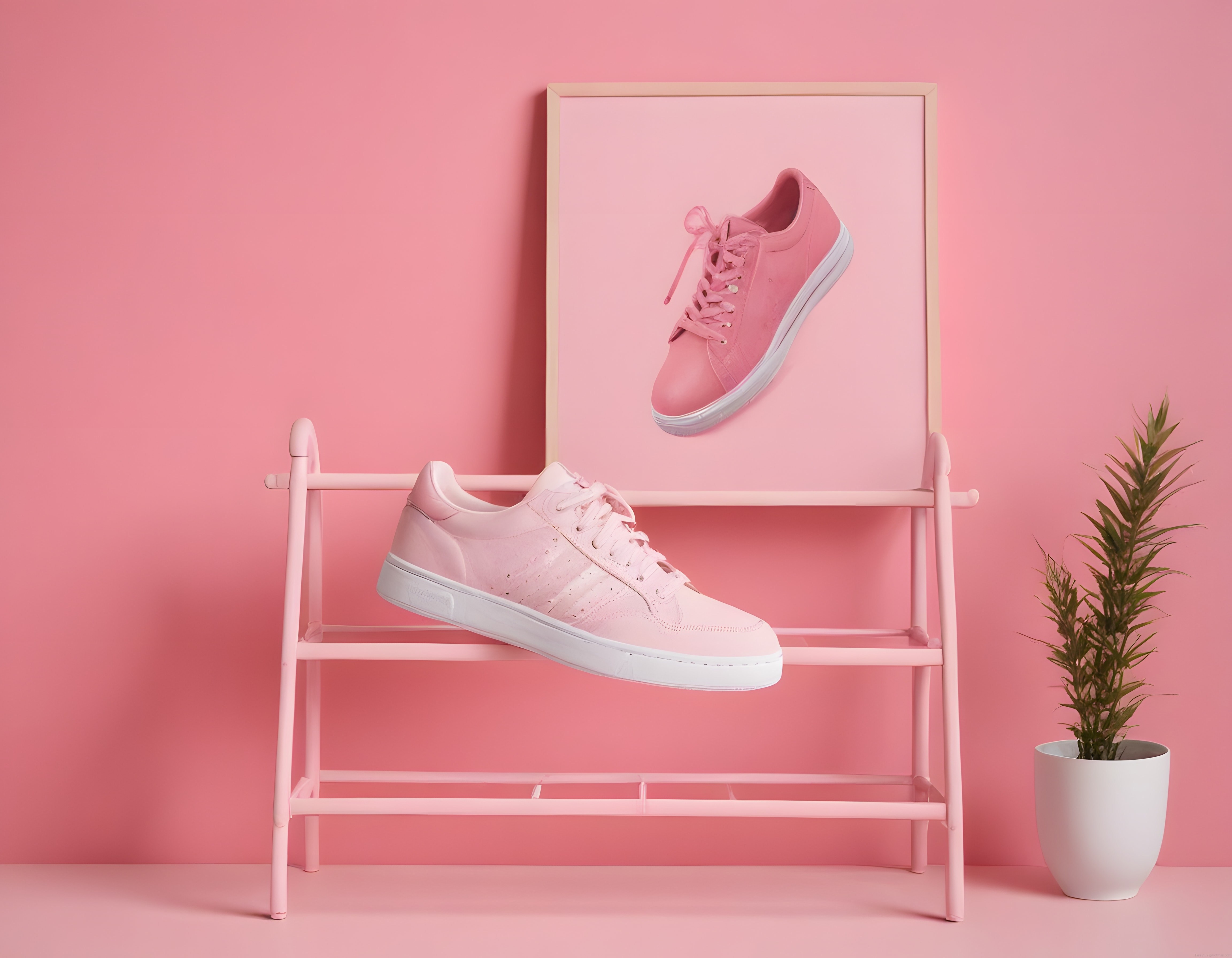 Pastel Pembe Arka Planda Stil Sahibi Spor Ayakkabı ve Minimal Dekorasyon