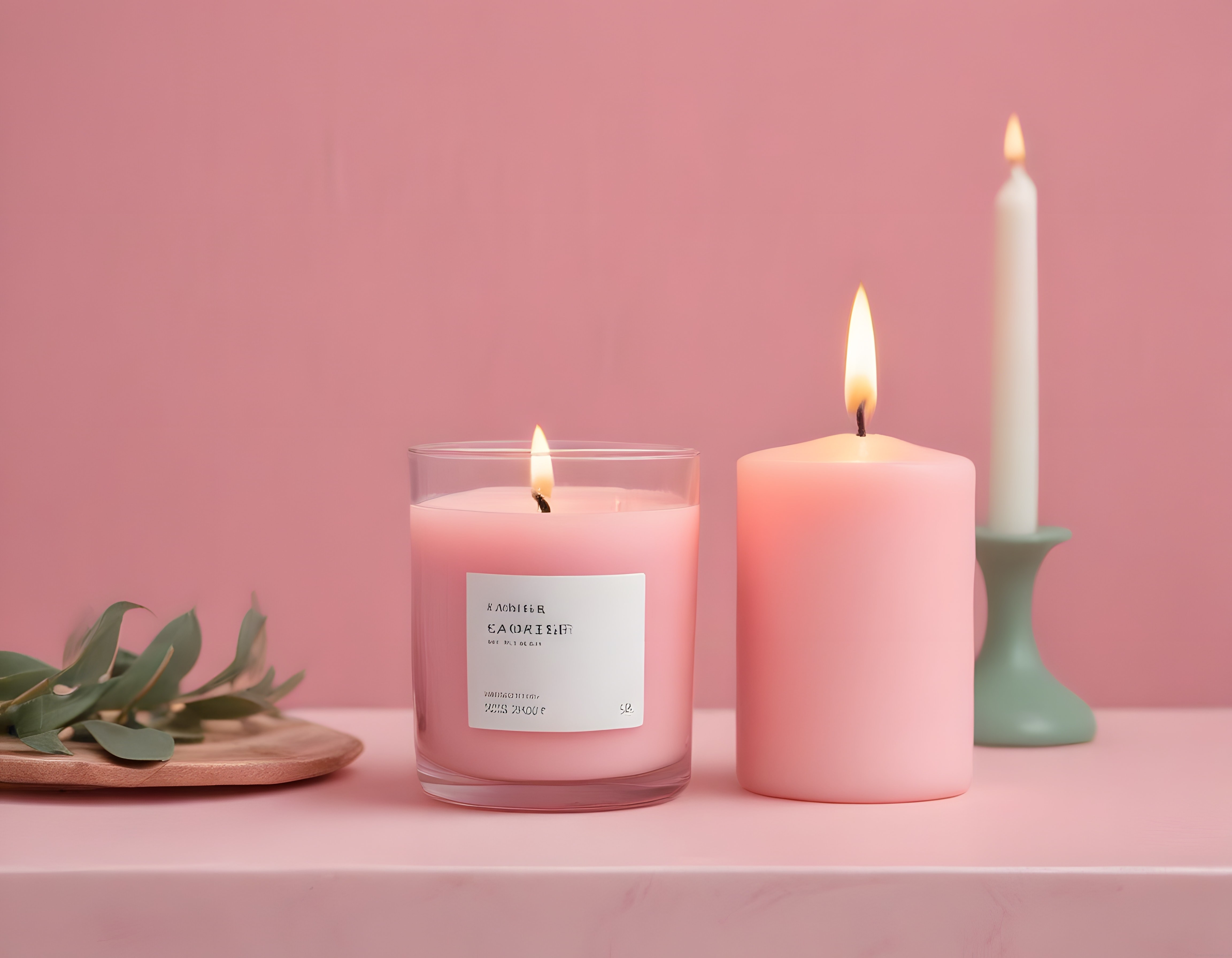 Pastel Pembe Arka Planda Yanan Mumlar ve Minimalist Ev Dekorasyonu