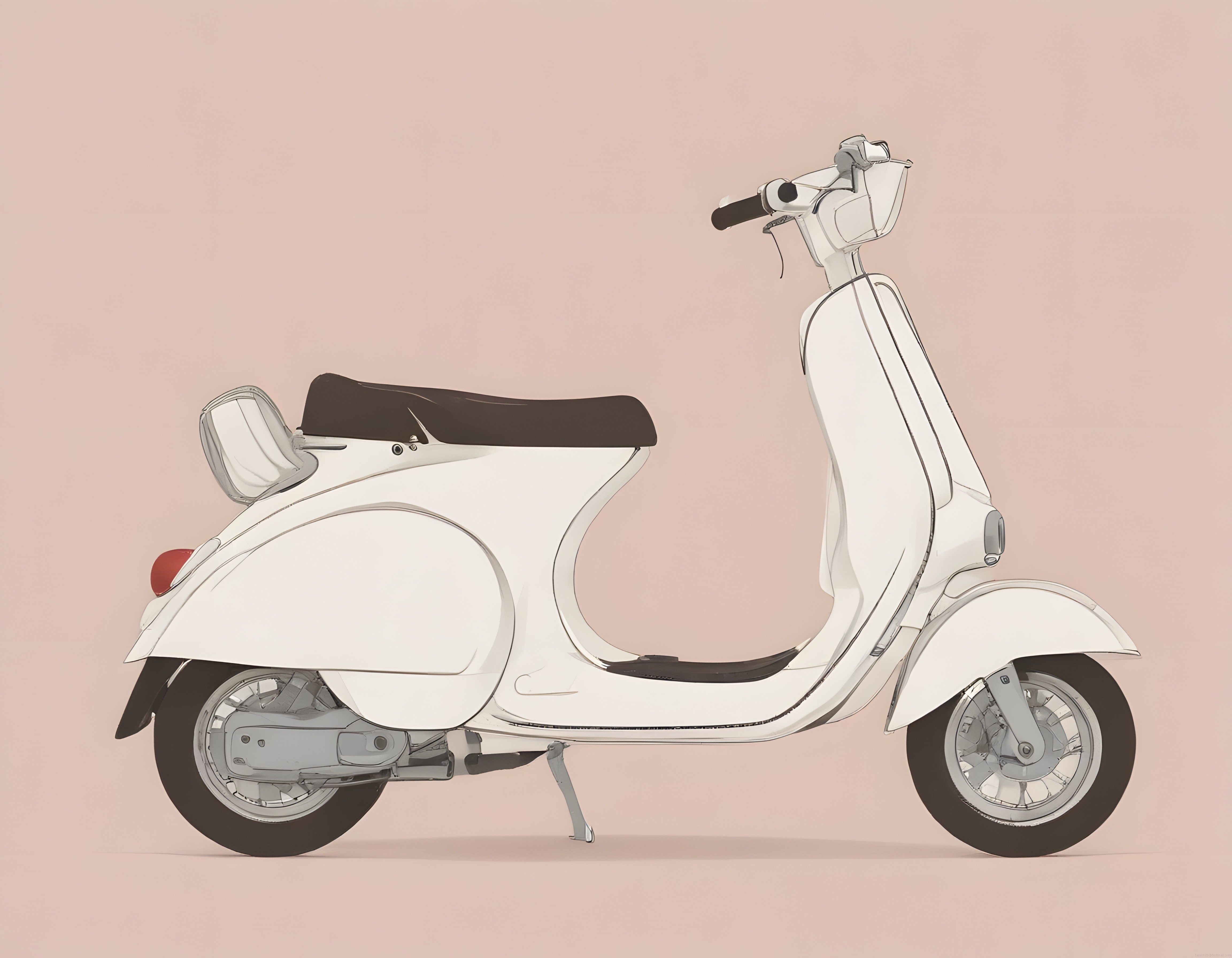 Pastel pembe arka planda yandan görünüm beyaz klasik scooter motosiklet