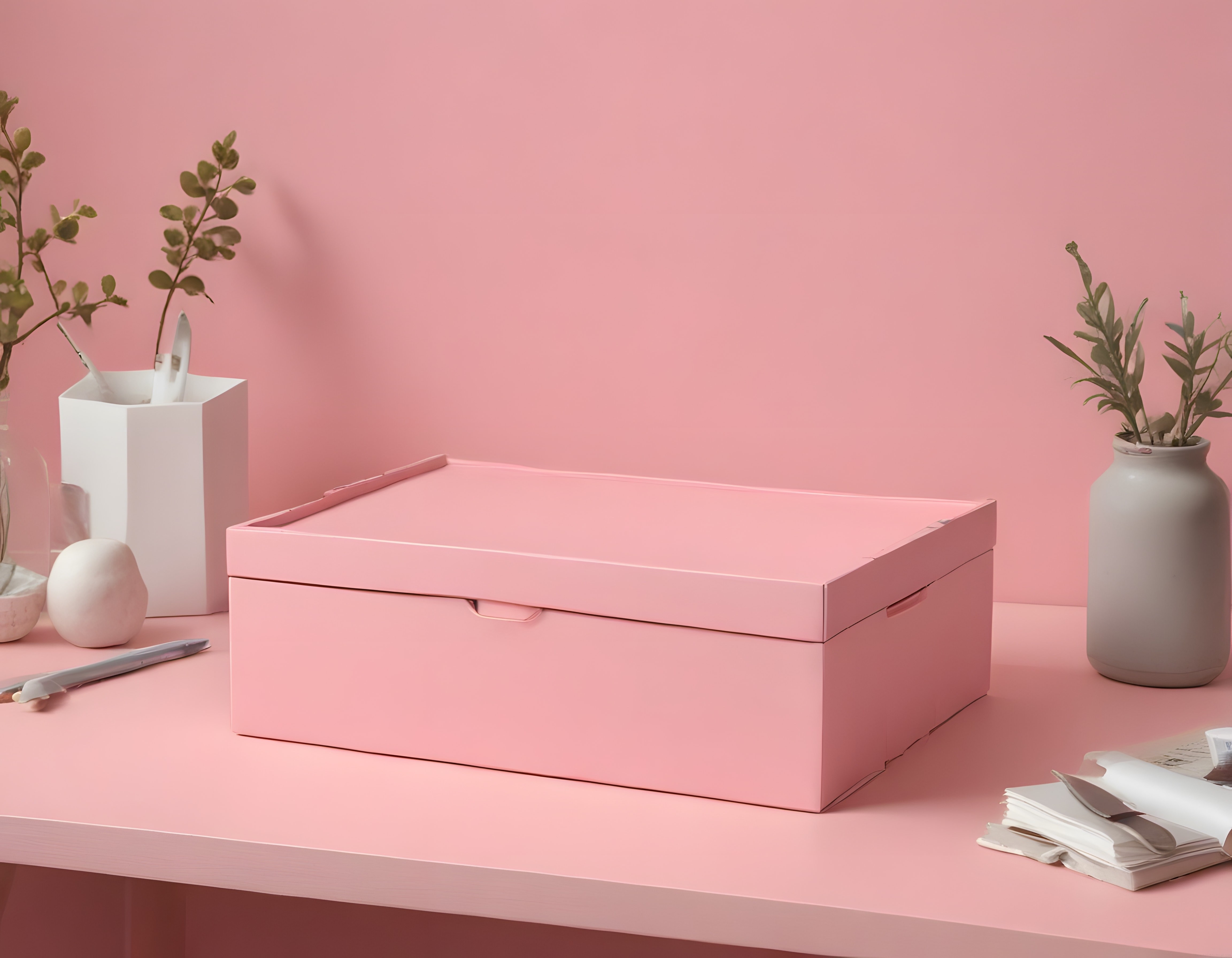 Pastel pembe arka planda zarif saklama kutusu ve minimalist masa düzeni