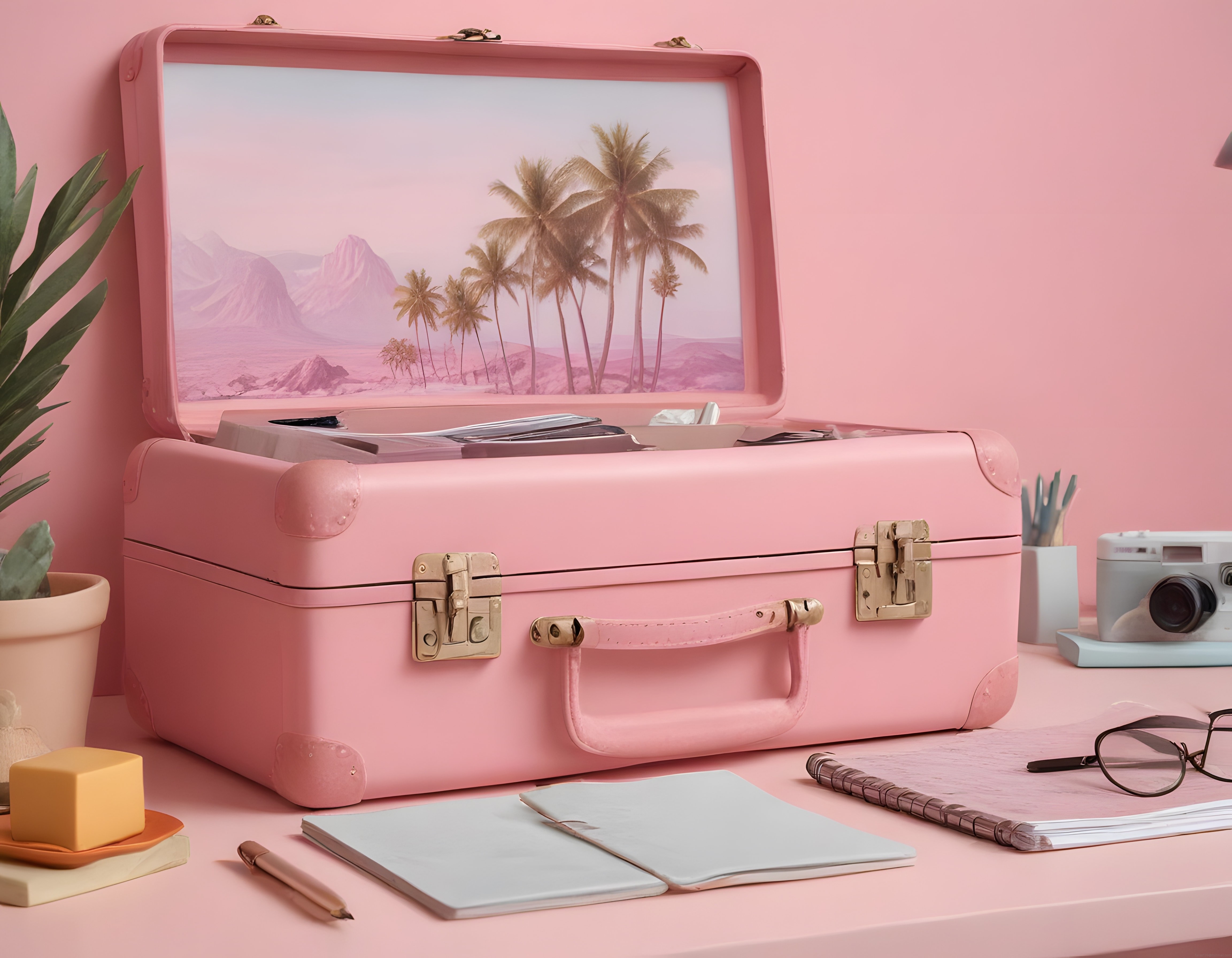Pastel Pembe Bavul ve Tropikal Rüya Manzara: Retro Yaz Seyahati Anıları
