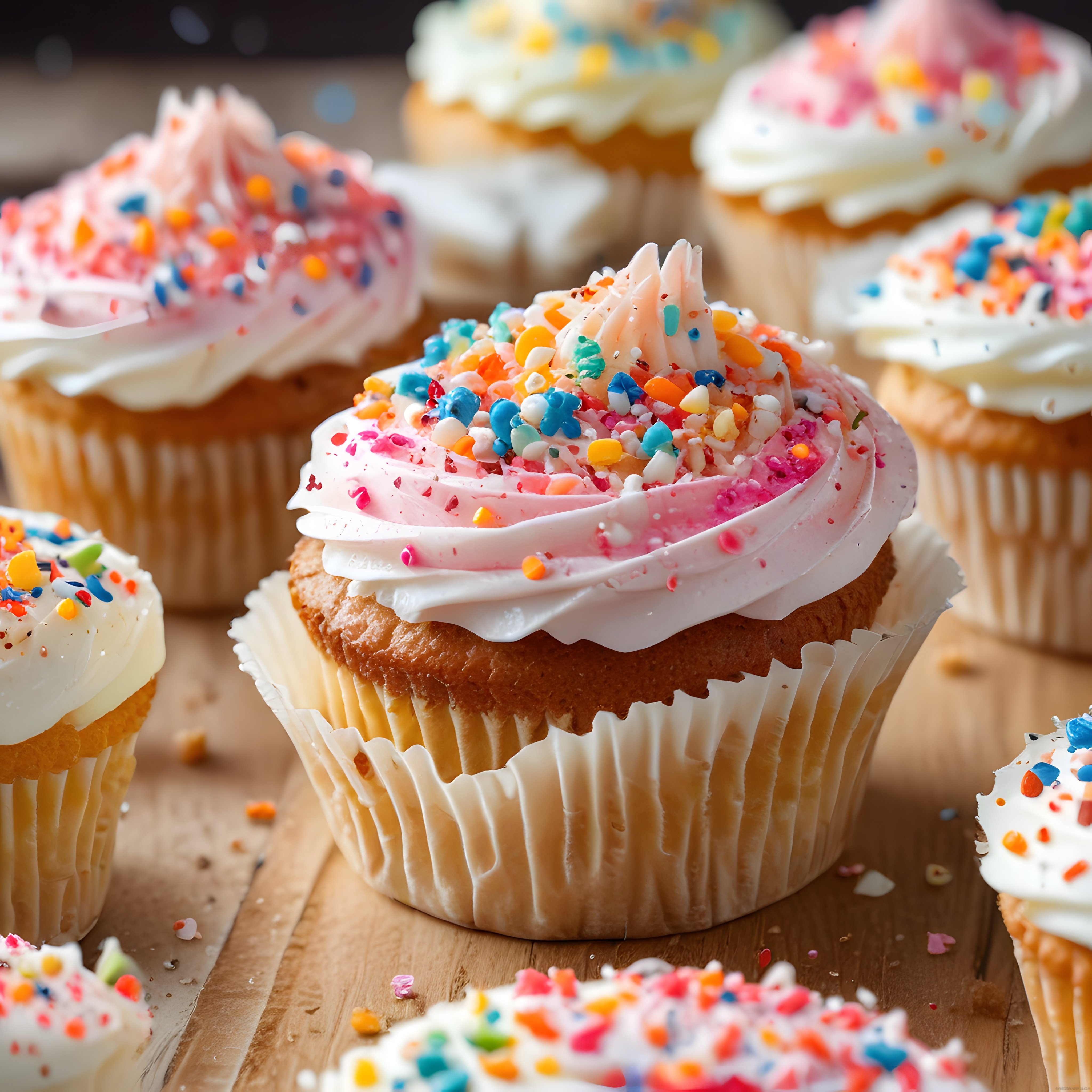 Pastel pembe beyaz krema ve renkli serpintilerle süslenmiş cupcakeler