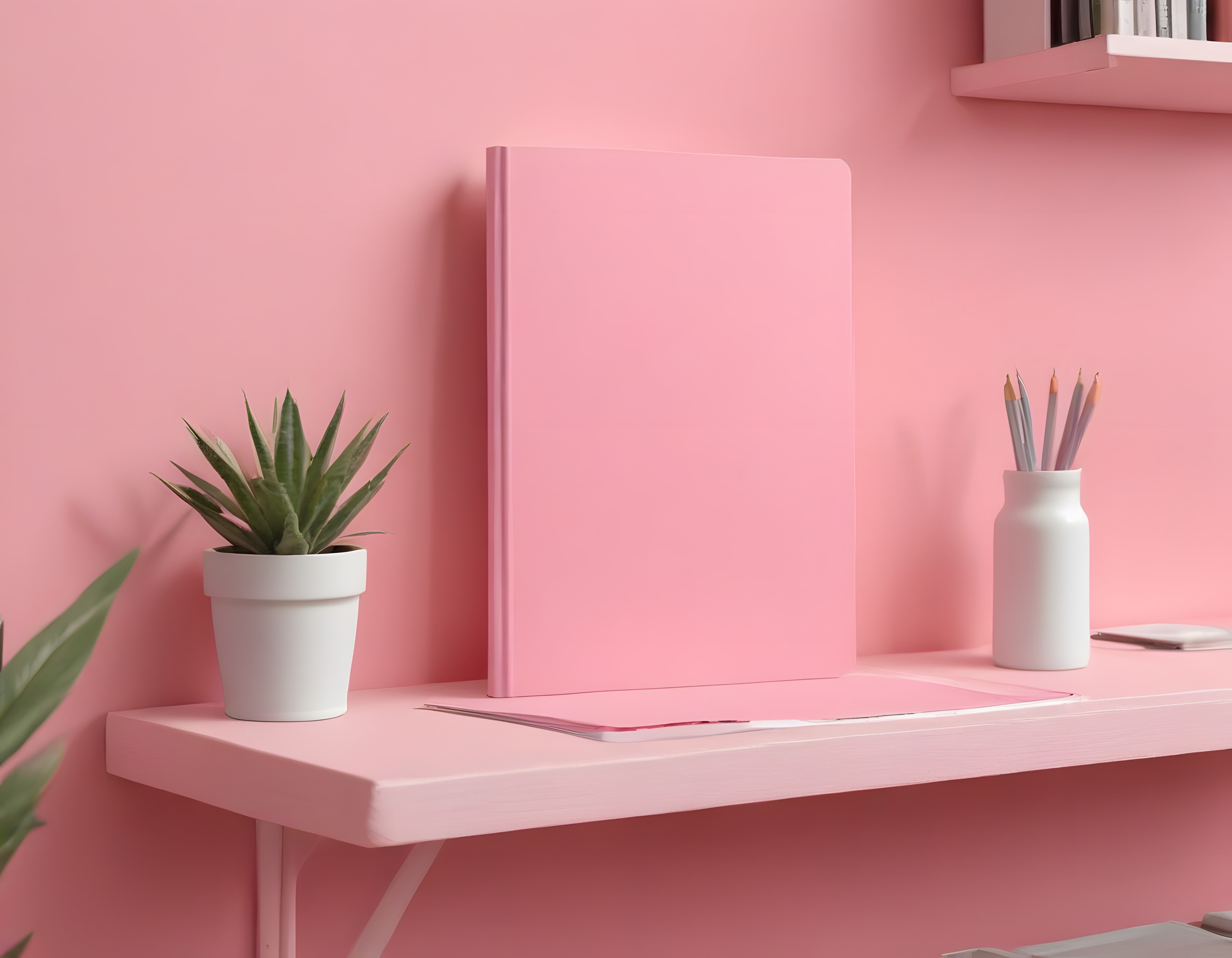 Pastel Pembe Çalışma Köşesi: Minimalist Dekor ve Kitaplık Detayları