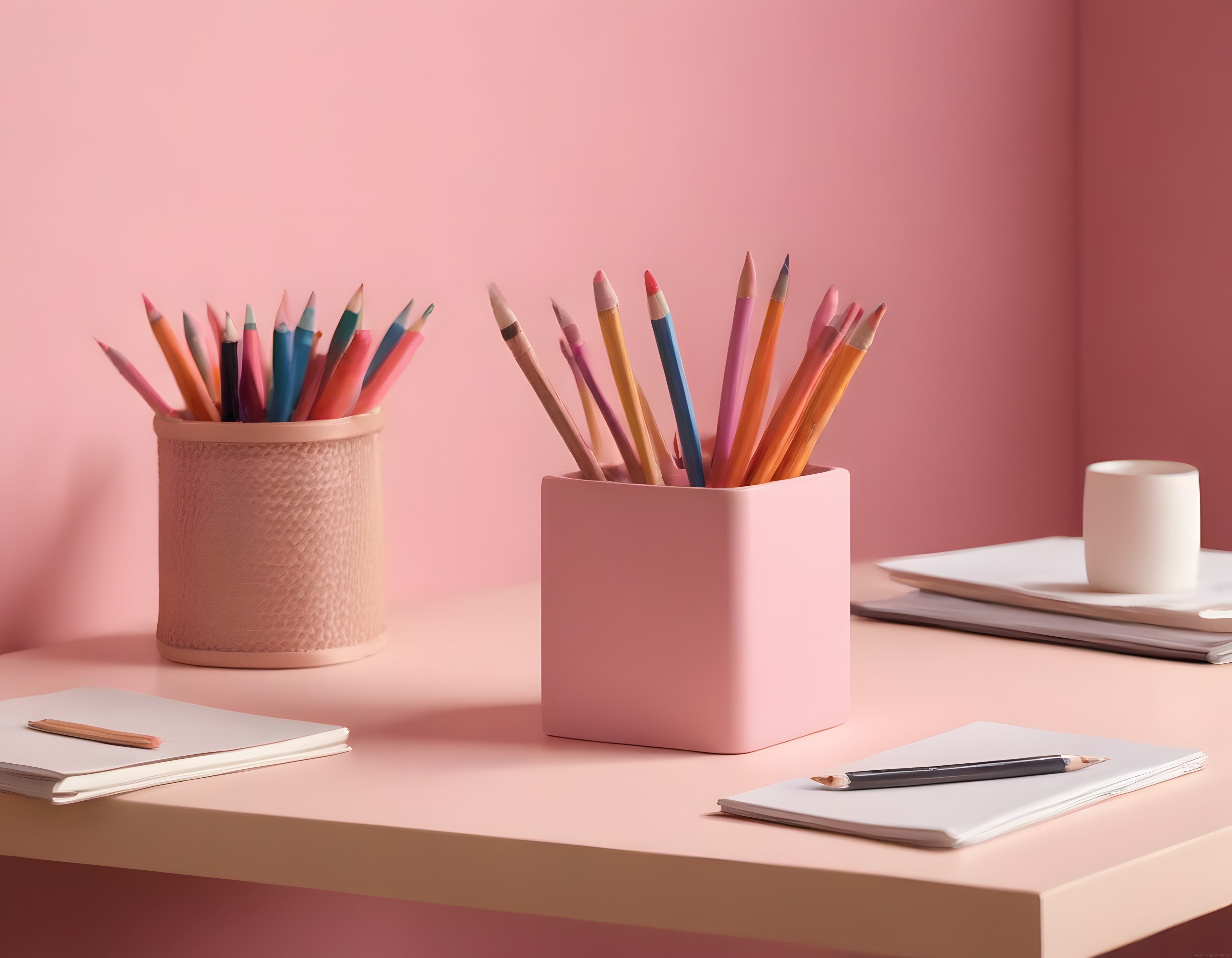 Pastel Pembe Çalışma Masası: Estetik Kırtasiye Düzeni ve Renkli Kalemler