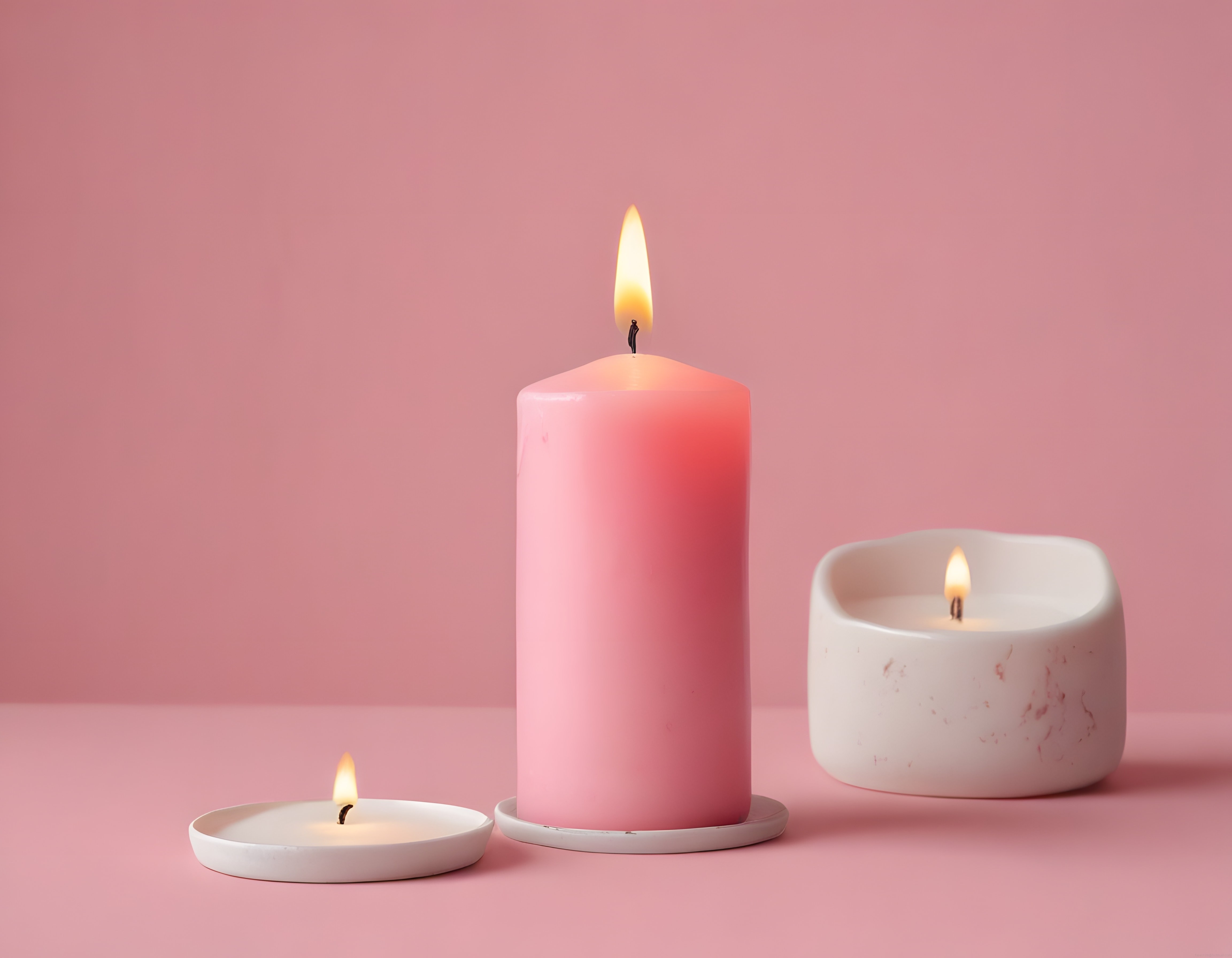 Pastel Pembe Dekorasyonda Üç Farklı Mum ile Sıcak ve Huzurlu Atmosfer
