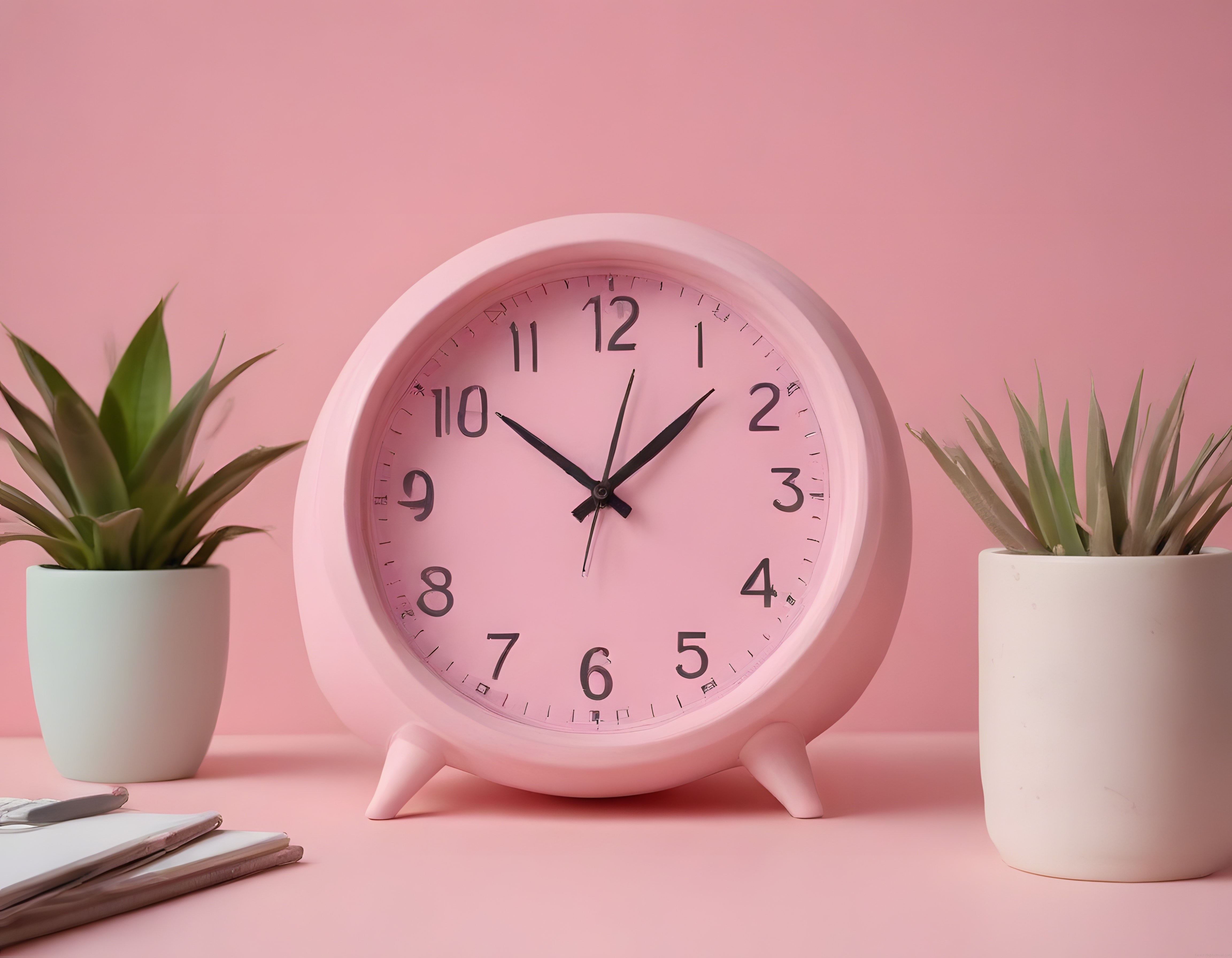 Pastel Pembe Dekoratif Masa Saati ve Sukulentlerle Estetik Çalışma Köşesi